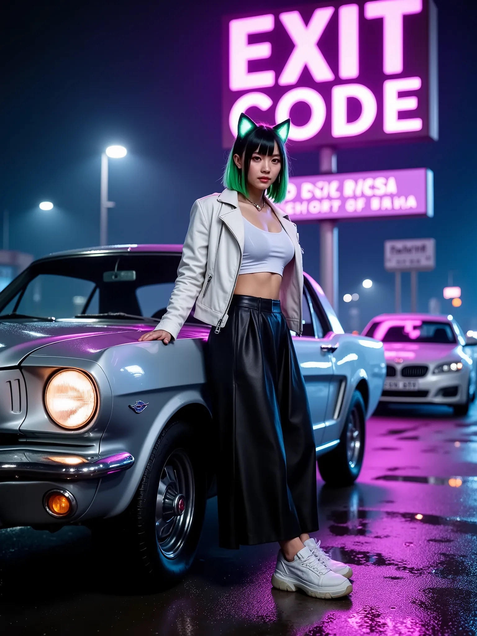 A scene from the movie 。Legendary photo。Cat Ears Shortcut with Leather Jacket {X}。shallow depth of field，Dramatic eXpression of wet skin and curves of the car。Perfect makeup shot，soaked，Car Wash at Night，Classic Muscle Car 60 Ford Mustang(Low vehicle heigh...