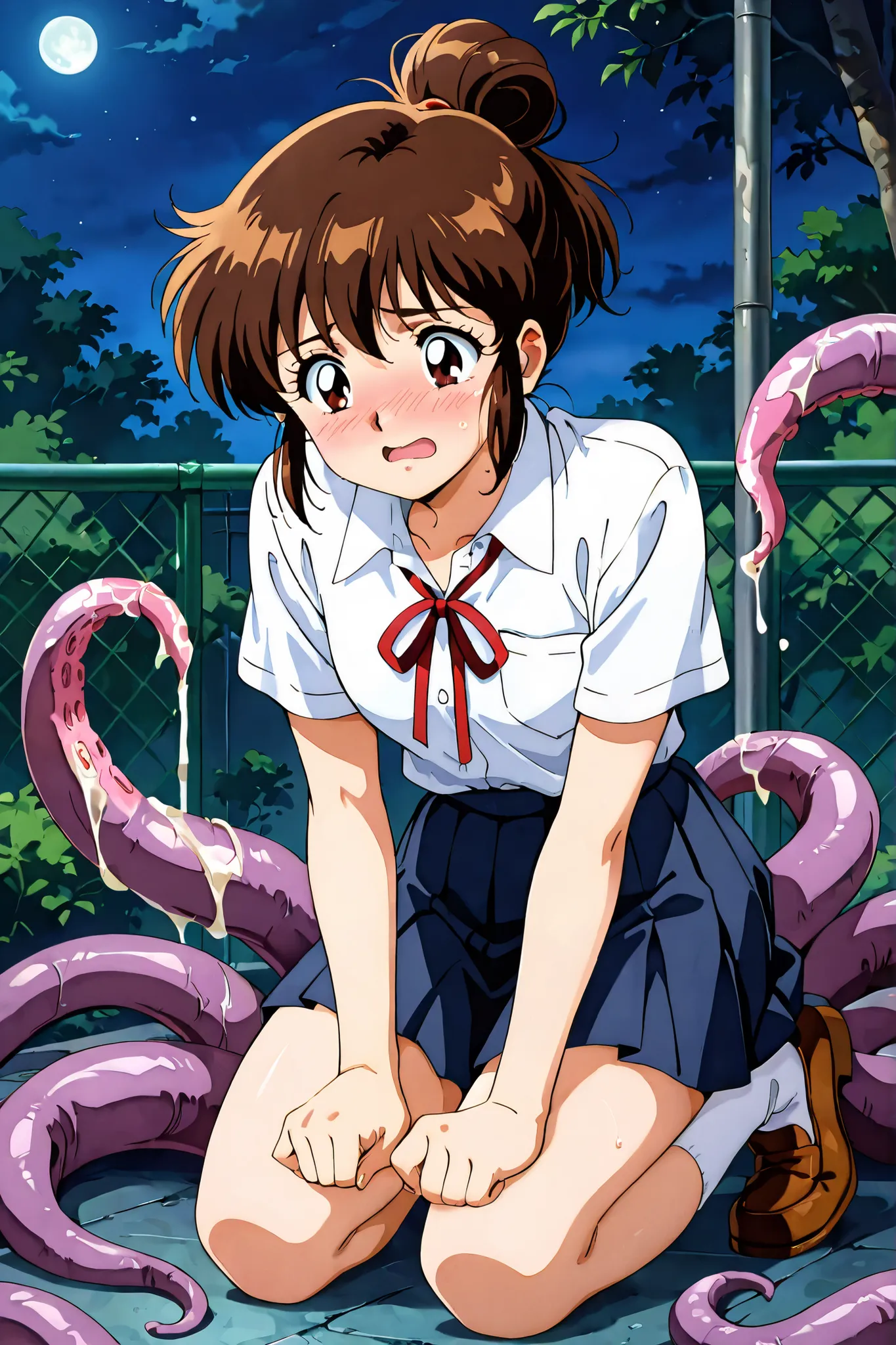 kayo,dark brown eyes,dark brown hair,shoulder-length short hair,hair tied thin red ribbons,white collared shirt,short red necktieribbon,navy blue short pleated skirt,white socks,loafers,whole body,full length,masterpiece,best quality,amazing quality,score_...