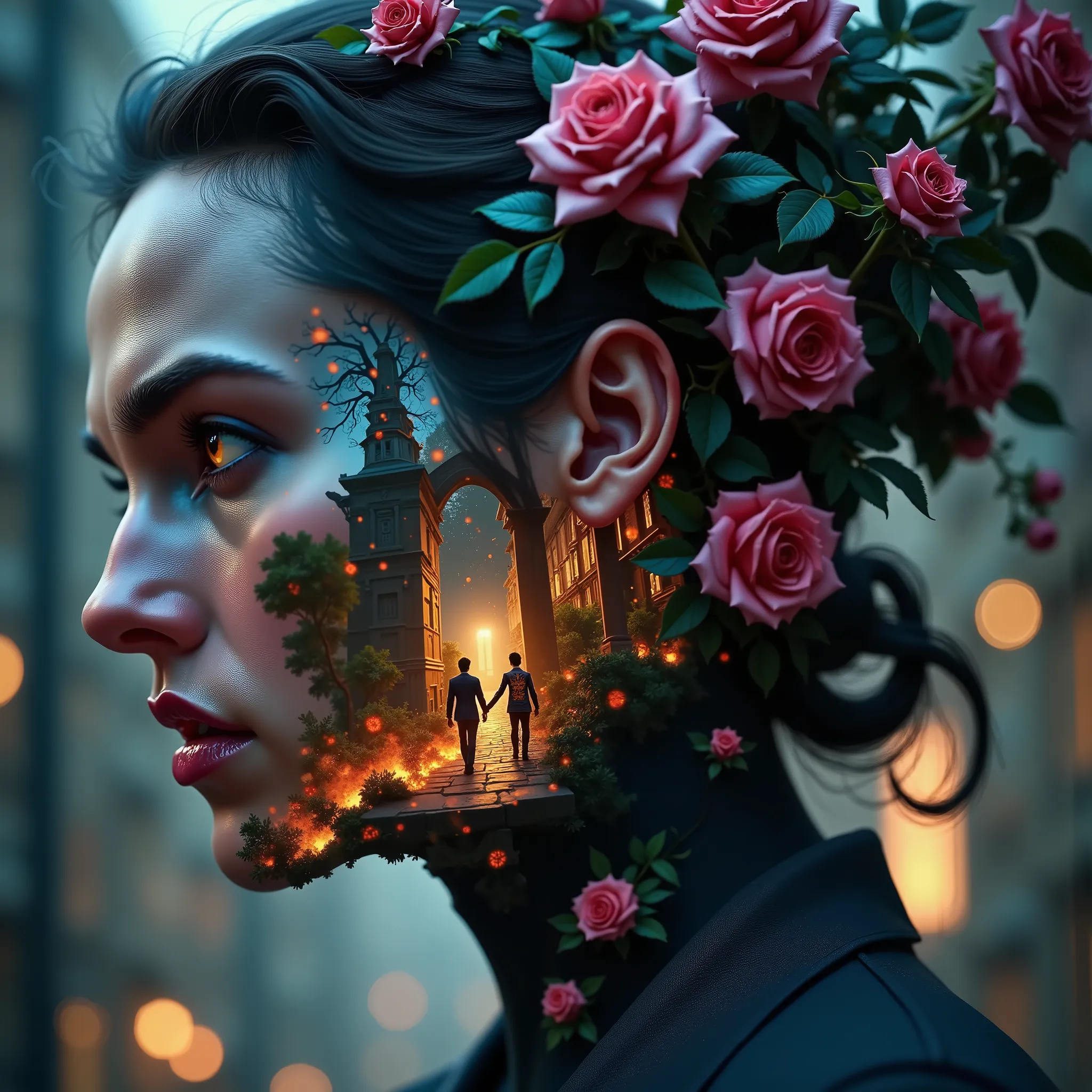 Jedwtrexp, Ultra HD、4k, masterpiece, ultra-detailed, detail, extreme detailed, 3D, complex texture, Jedwtrexp, "Design an animated villain using the technique of double exposure, Jedwtrexp, where one side of the image shows the villain in their dark, dange...