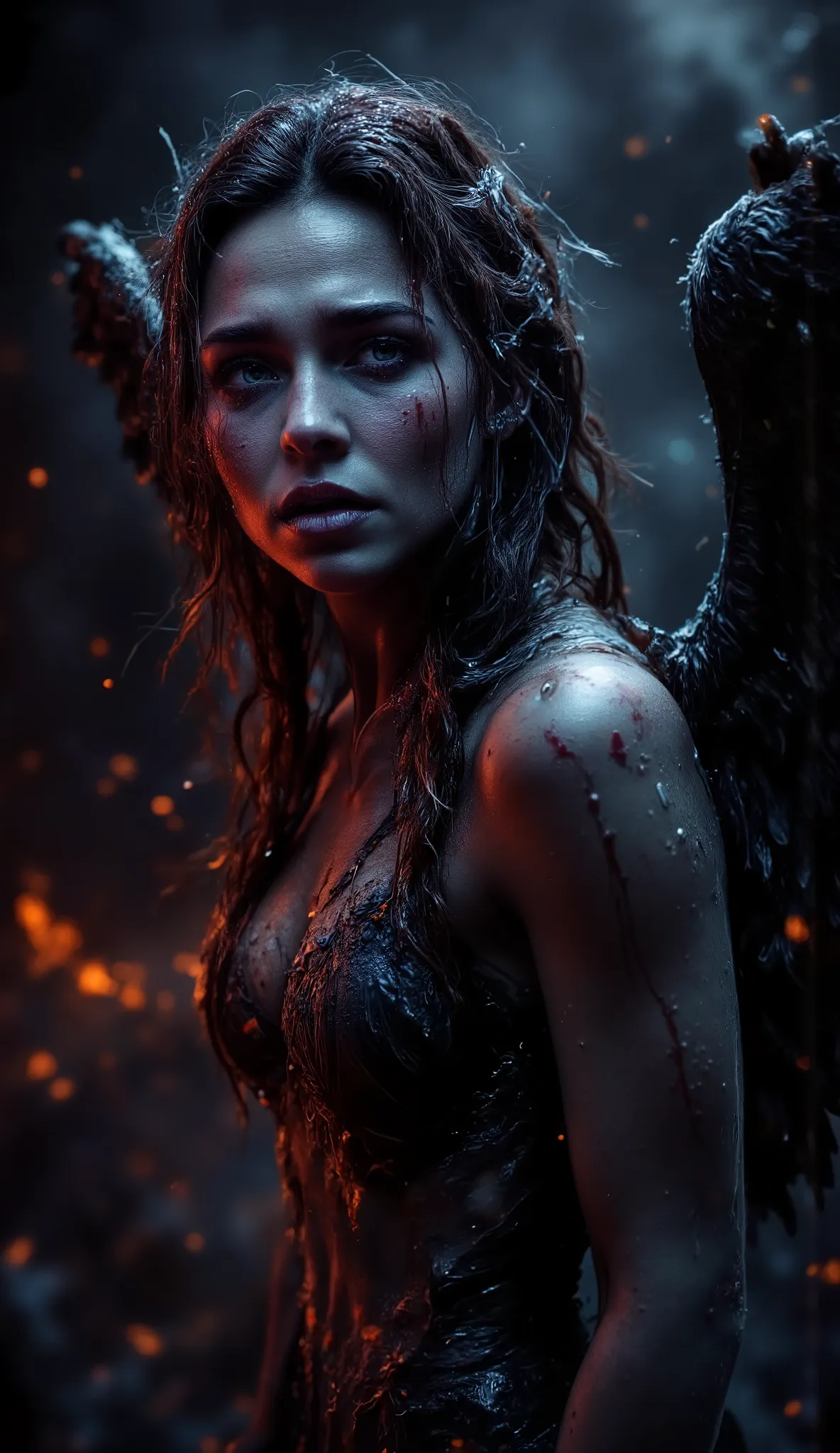 Really epic realistic and very low coloured and low contrast photography, 25 years old tall muscle scantily clad sexy angry and furious innocent woman as a angel of darkness with greatest dark angel wings looking into the hell from the left side. Angel has...