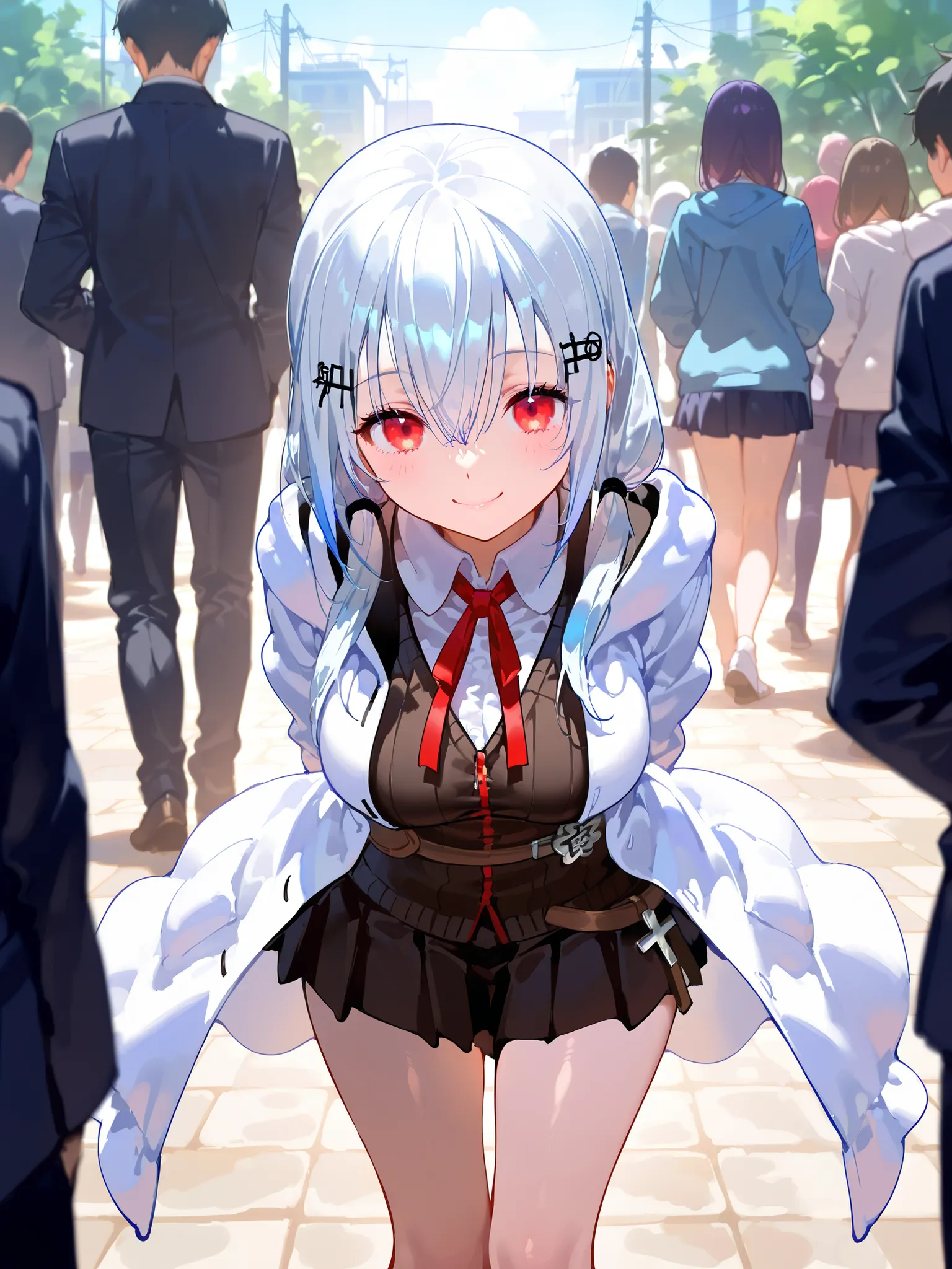 Hakase Fuyuki、1 girl、super detail)、((masterpiece)),(Highest Quality)、(very aesthetic)、white hair、red eyes、masterpiece、white coat、uniform skirt、outdoor、Hide、garden、Kusamura、earthen ground、stand back、sexy legs、standing、in a crowd、hair accessories、Sunny Day、u...