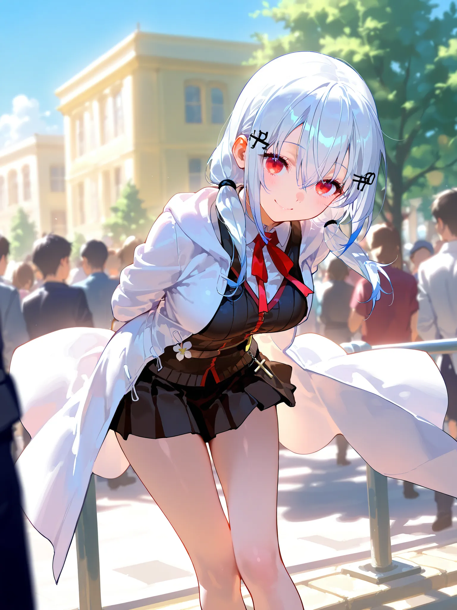Hakase Fuyuki、1 girl、super detail)、((masterpiece)),(Highest Quality)、(very aesthetic)、white hair、red eyes、masterpiece、white coat、uniform skirt、outdoor、Hide、garden、Kusamura、earthen ground、stand back、sexy legs、standing、in a crowd、hair accessories、Sunny Day、u...