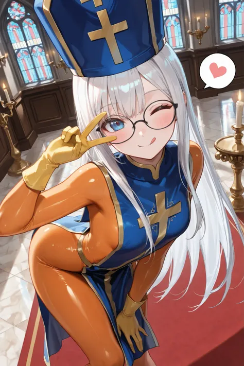 ((Masterpiece)),((best quality)),((incredibly absurdres)),((8K)),(semi realistic),
1 girl,young female,aged up,kawaii,white hair,long hair,straight hair,blue eyes,small breasts,
((black eyewear)),bodysuit,orange bodysuit,blue tabard,mitre,yellow gloves,
(;...