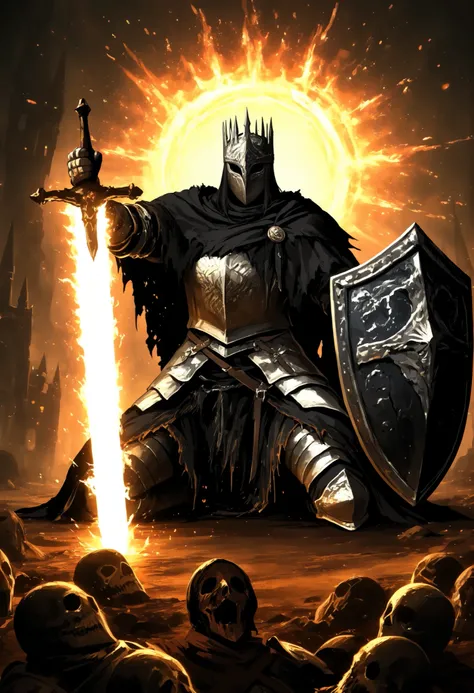 a drawing of a kneeling man in armor holding a sword and shield Apolldos on the ground, Inspired by Dark Souls, radiant, Time is up, Art of Dark Souls style, inspired by Kanō Hōgai, disgusting, As if, In the style of Dark Souls 3, inspired by Mike Mignola,...