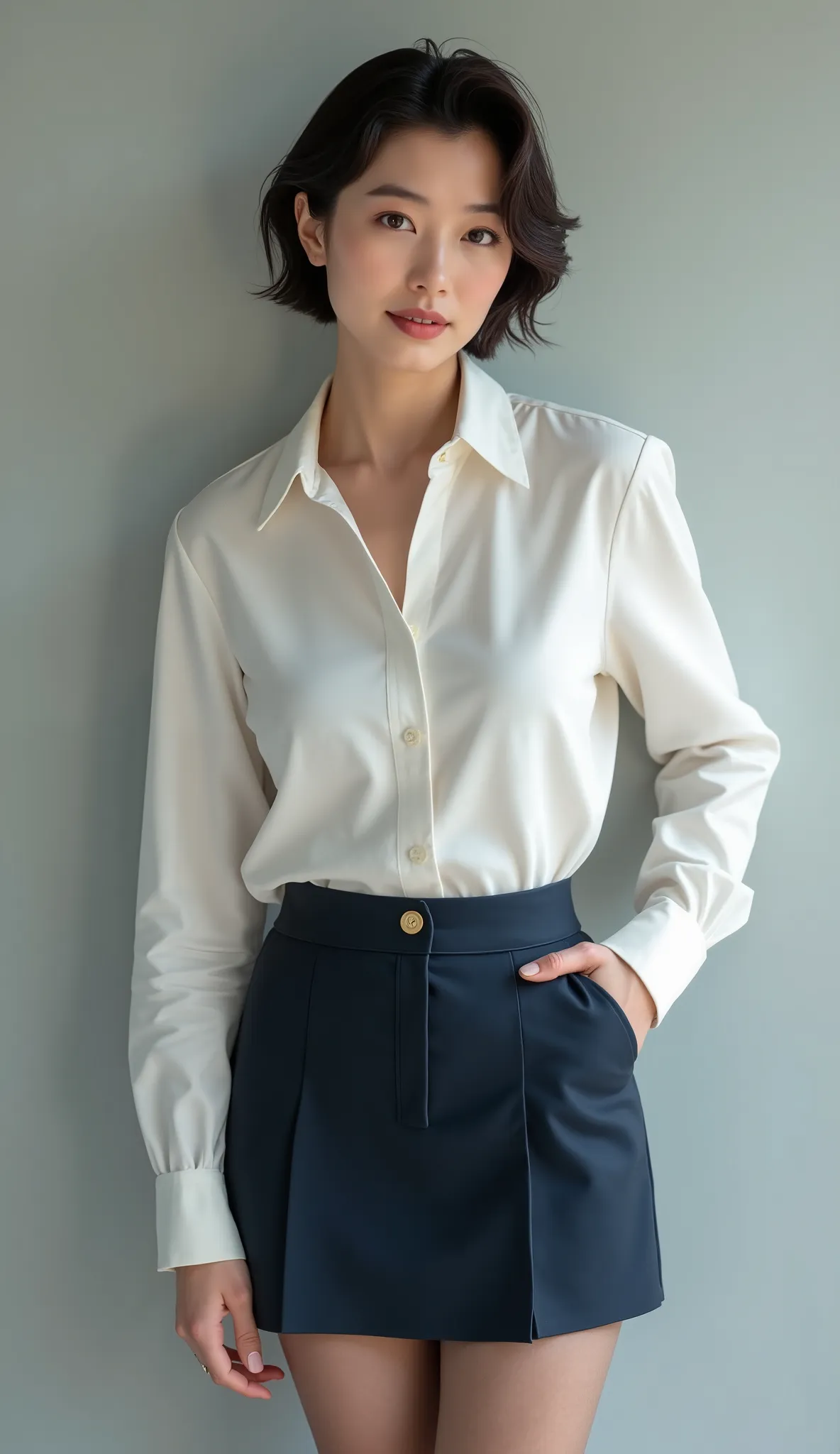  ((full body image)), ((From head to toe:1.5)), Sexy Beautiful Japanese Woman , 5,  OL , business suit,  ribbon,  white blouse, dark blue mini tight skirt, skirt 15 cm above the knee, (light brown pantyhose), black enamel high heels ,  short hair, Textured...