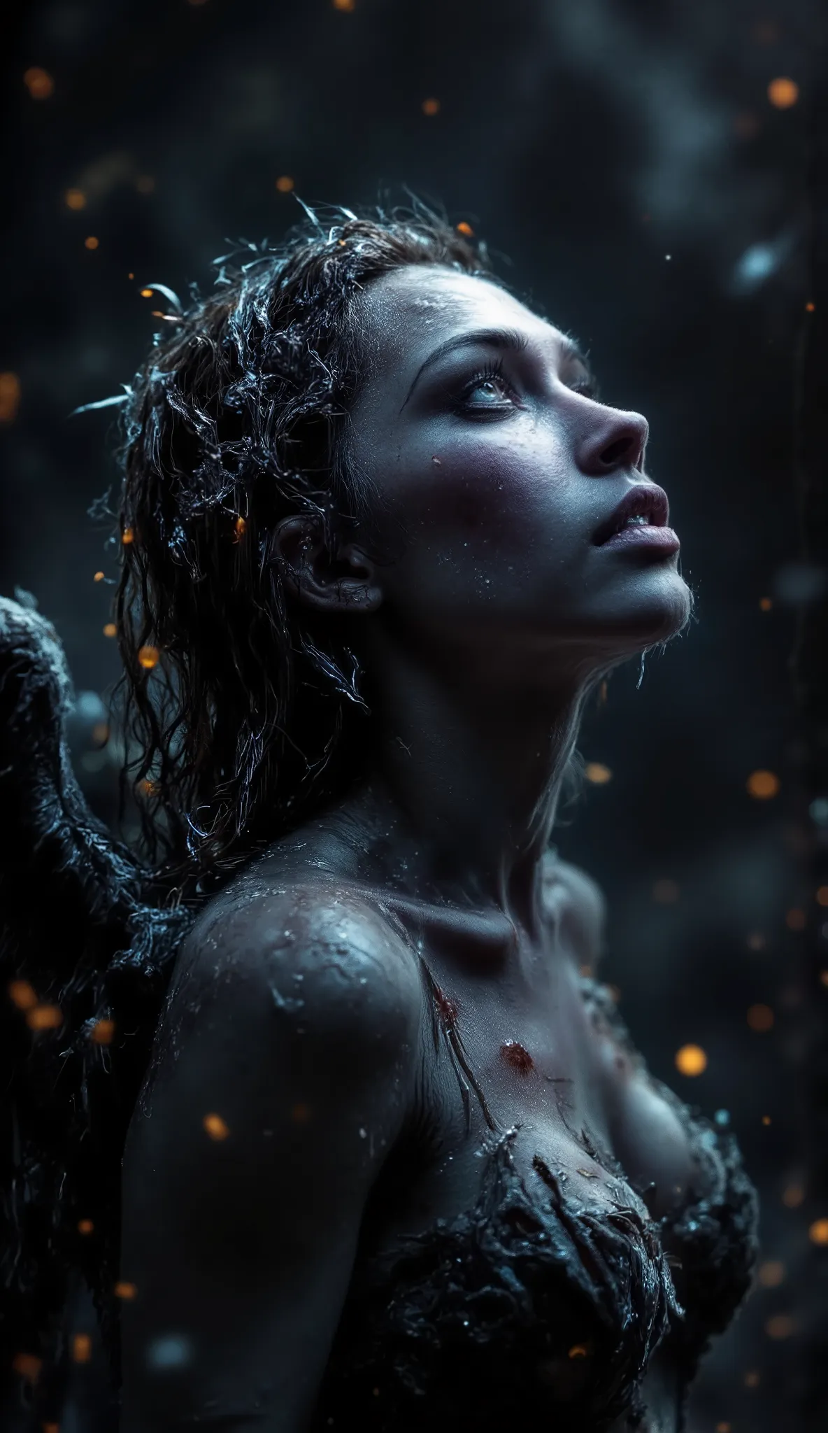 Really epic realistic and very low coloured and low contrast photography, 25 years old tall muscle scantily clad sexy angry and furious innocent woman as a angel of darkness with greatest dark angel wings looking into the hell from the left side. Angel has...
