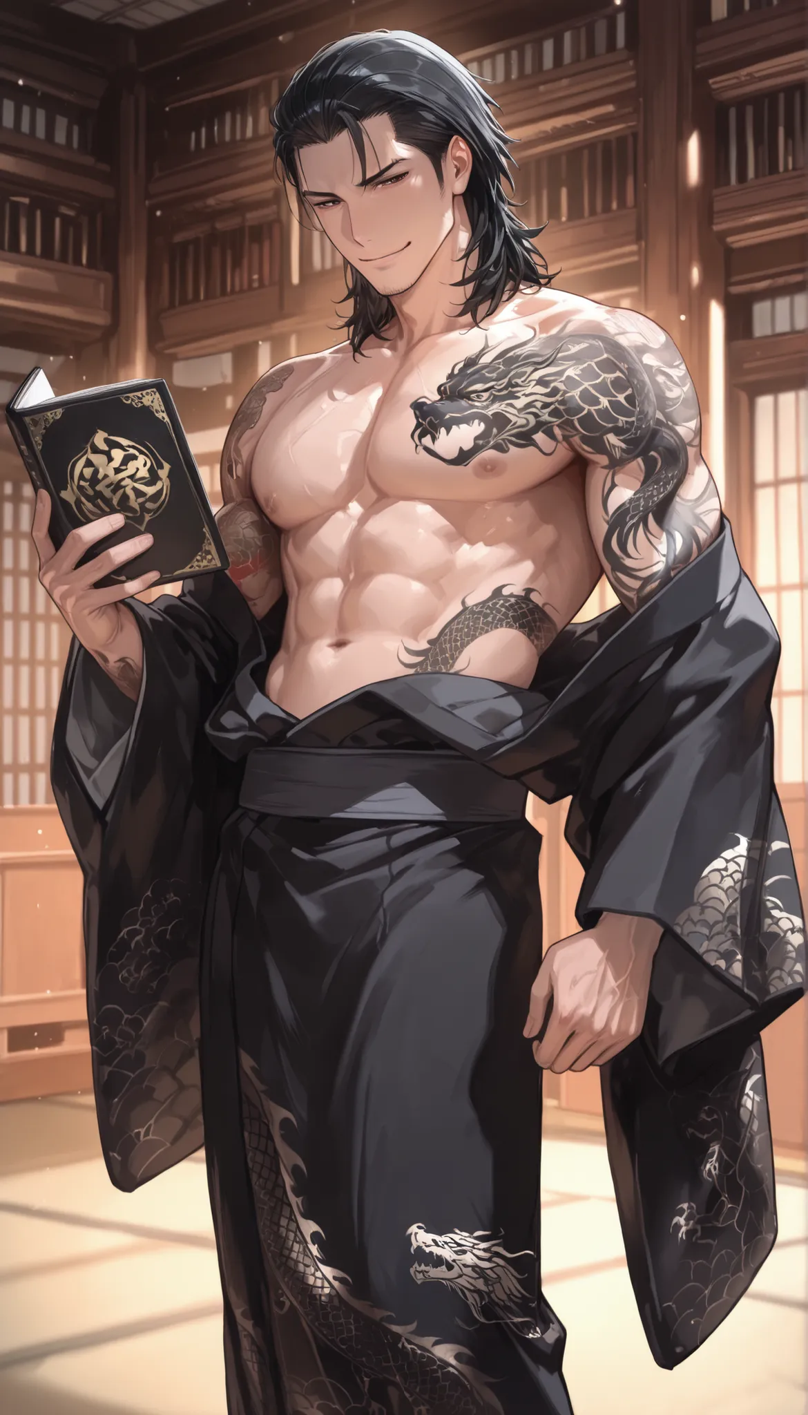 yakuza boy, black kimono with dragon pattern, black hair, medium hair, topless, chest, smile, handsome, dragon tattoo,standing, holding the black sacred book, background japanese library