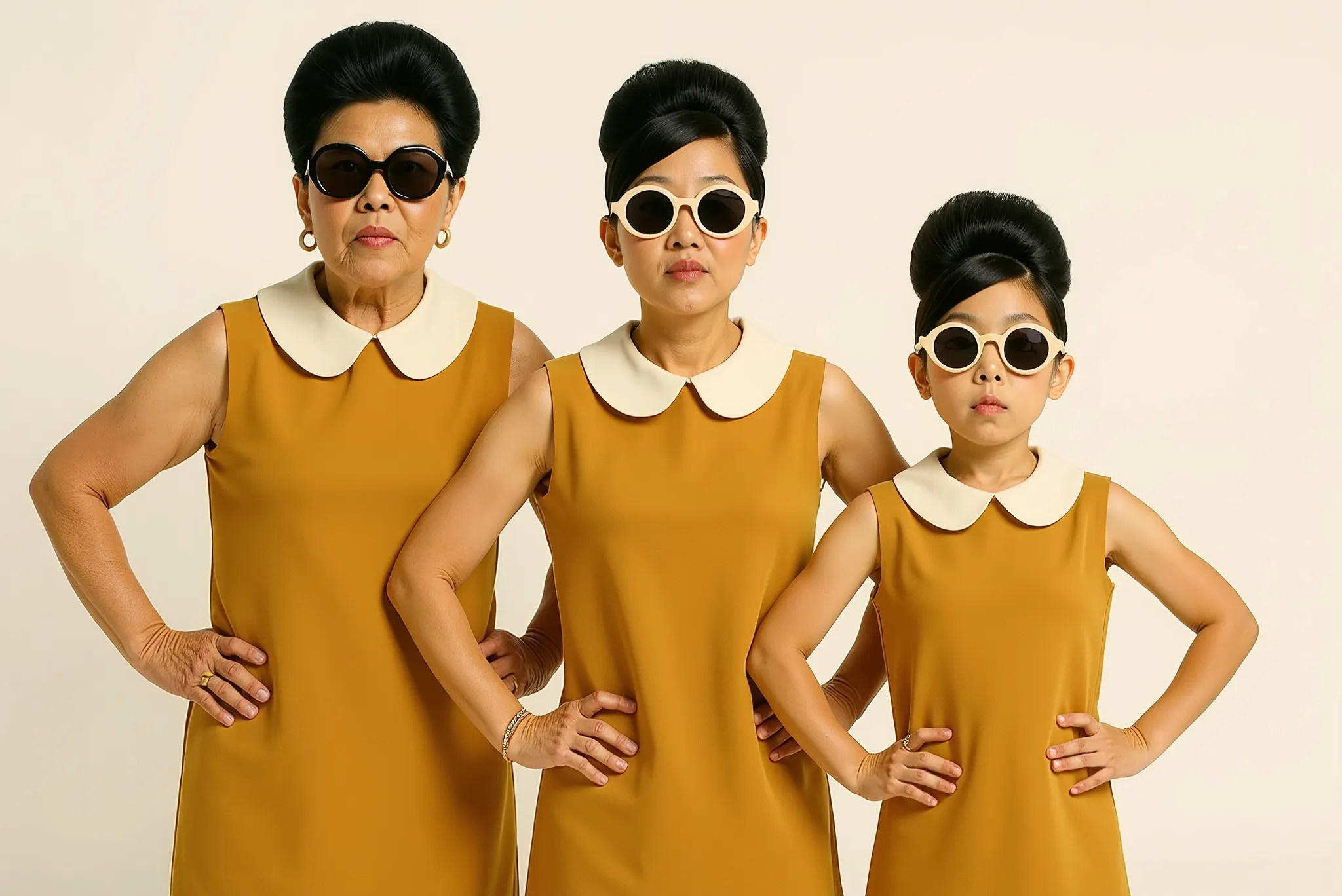 subject: retro-styled Asian grandmother, mother, and daughter trio in mod dresses
outfit: sleeveless mustard shift dresses with oversized white Peter Pan collars
fabric details: smooth matte crepe fabric with structured drape and clean silhouette
garment s...