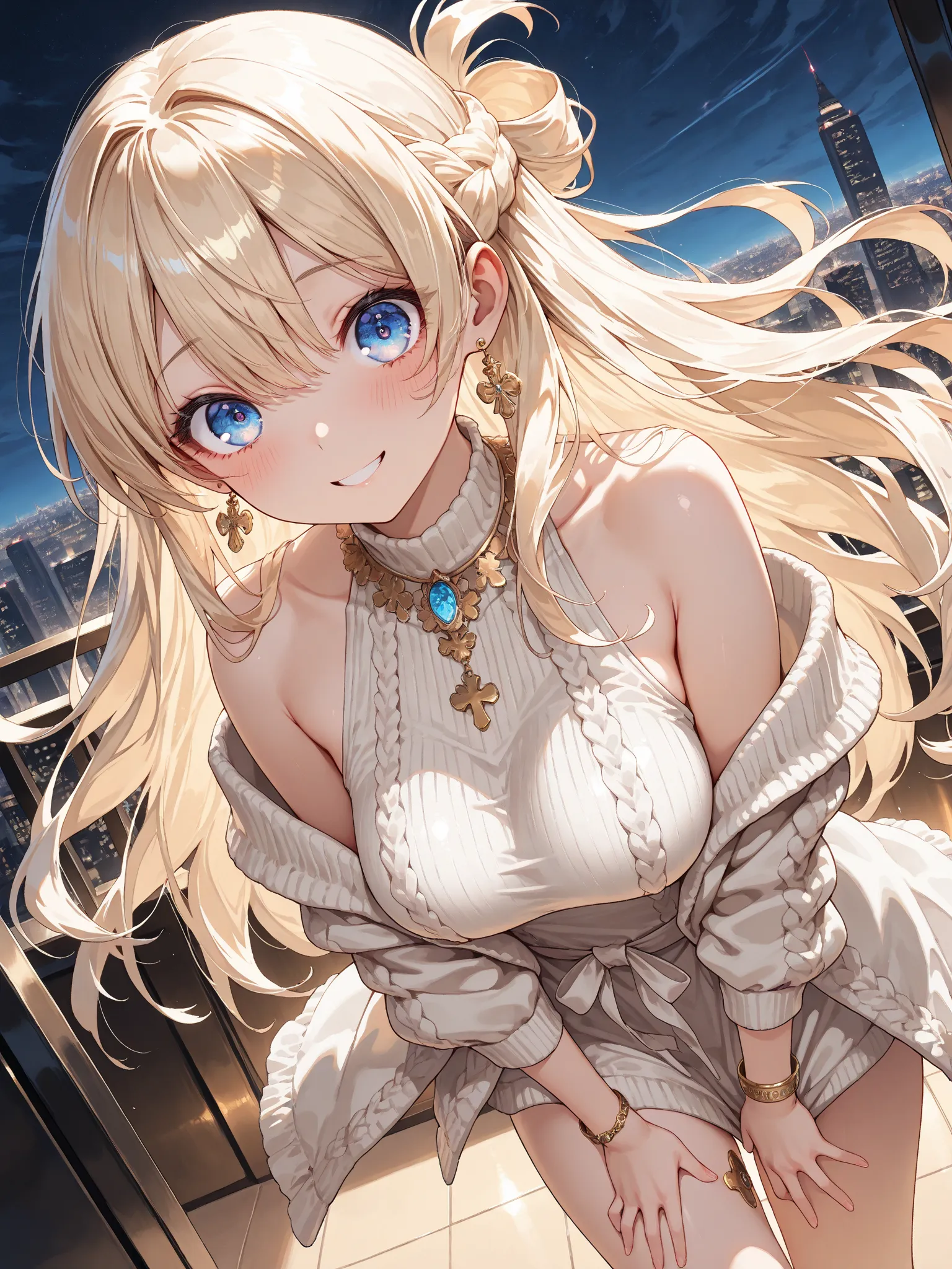 (masterpiece, detailed:1.2, Highest quality), One Girl, (18-years old), blonde one updo, Medium Breasts, sky blue detailed eyes, smile, embarrassed, ecstasy, parted lips, looking at viewer, BREAK, bracelet, earring, off shoulder knit, BREAK, relax in luxury hotel at night, Dynamic angle, view from side below, focus on thigh