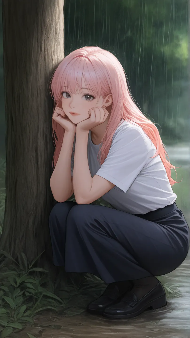full body photo, Park in the rain, 비를 피해 Under the tree 앉아 쉬고 있다, 아름다운 큰 가슴을 가진 일본 pretty girl, pink hair, white t-shirt, 검은색 반바지Realistic,professional,high quality,8K,Detailed description ,Masterpiece,Beaded Color,nature스러운,Soft atmosphere,Realistic,Photorealistic,detail the corner of the eye,charming,elegant,delicate,Portrait of a woman,Beautiful Women,Women's Beauty,pretty girl,Japanese style,Bust Emphasis,Positive Atmosphere,serene,peaceful,Avoiding the Rain,Park Scenery,rainy day,Under the tree,nature,nature광,Warm tone 
