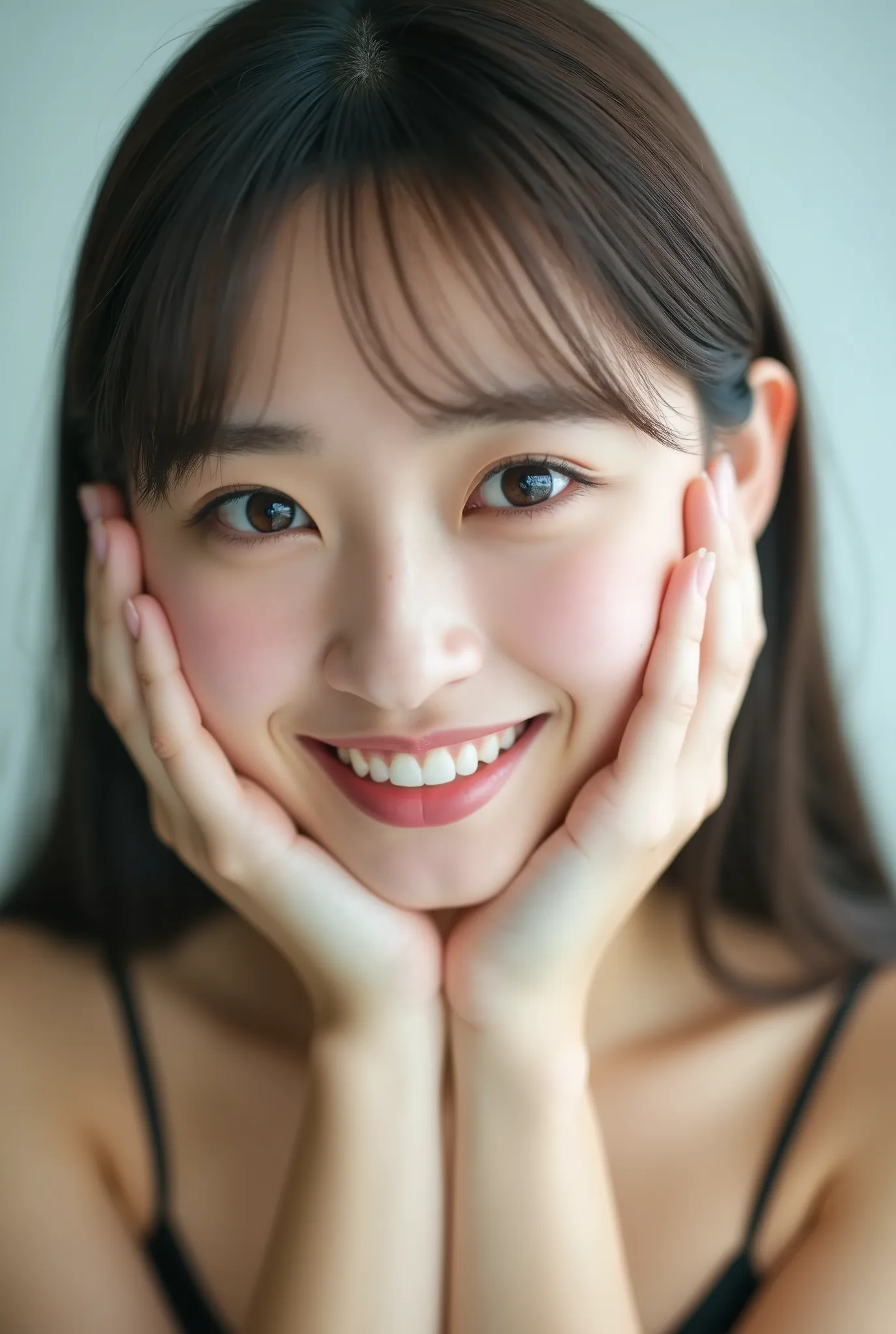 An extreme ultra close-up portrait of a stunningly beautiful young Japanese woman in her early twenties. Her face fills 95% of the frame, captured in cinematic soft lighting. She has a warm skin tone with flushed cheeks, porcelain-smooth complexion, visibl...