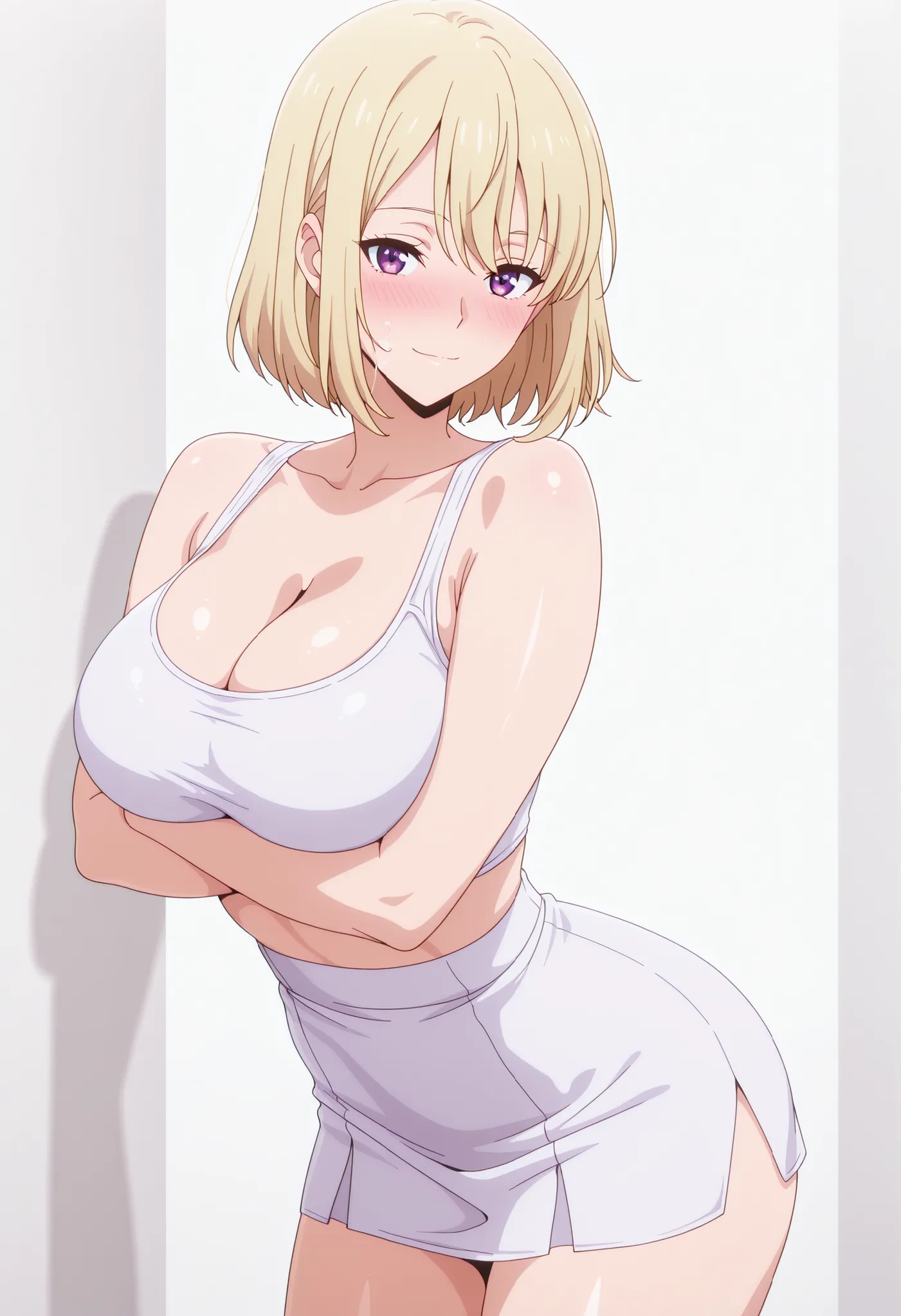 masterpiece, best quality, amazing quality, 1girl, solo, looking at viewer, blushing, white background, mature girl,side view, light smile, seductive, short hair, blonde hair, purple eyes, sh1ny,  ,bubble breasts, seductive twist,, shizuku kousaka (na honj...