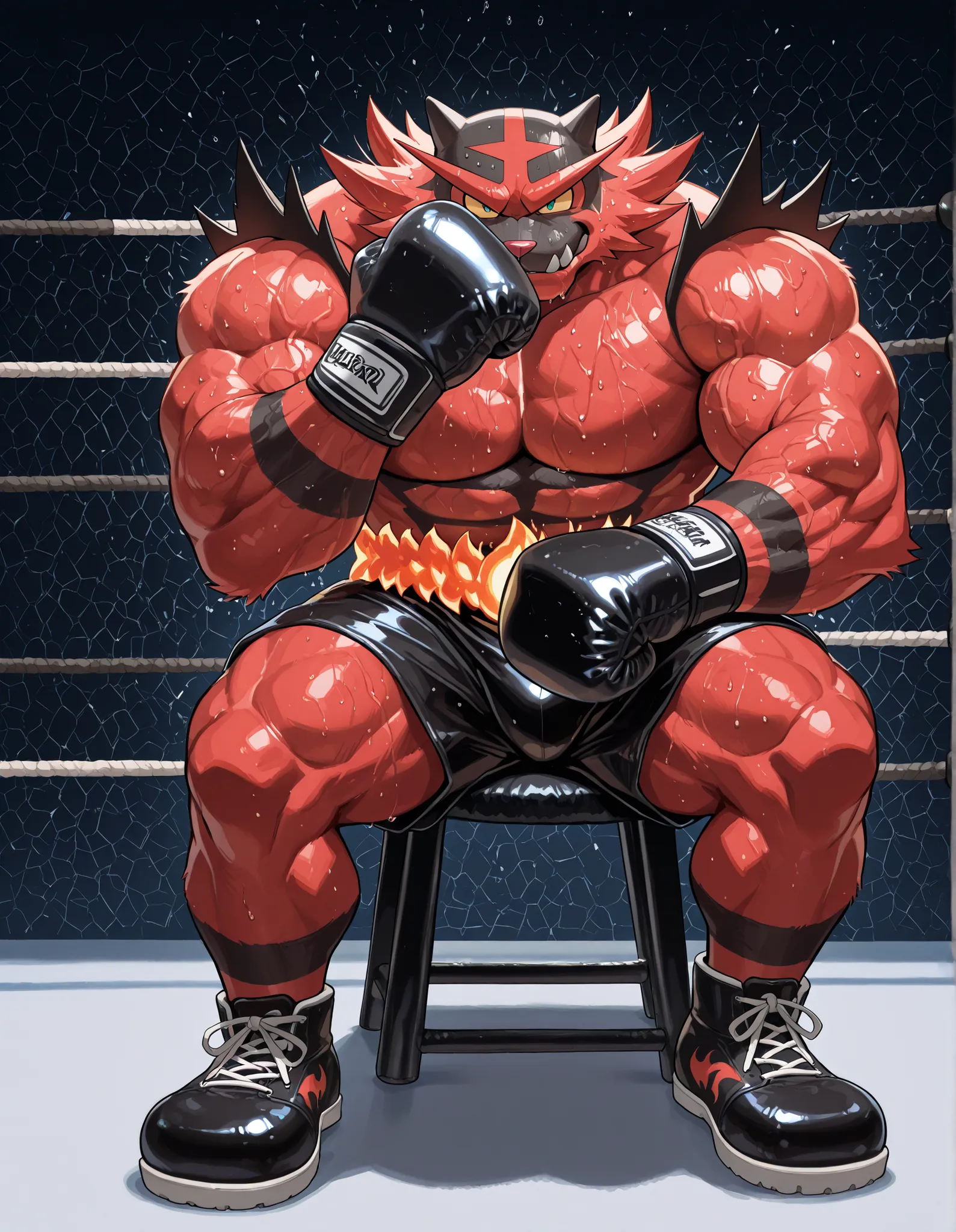 Incineroar, anthro male, high quality, full body, looking at viewer, solo, boxing ring background, black boxing gloves, thick very veiny arms, very muscular, black boxing shorts, black boxing shoes, heavyweight boxing champion, glistening fur, sweaty, brut...