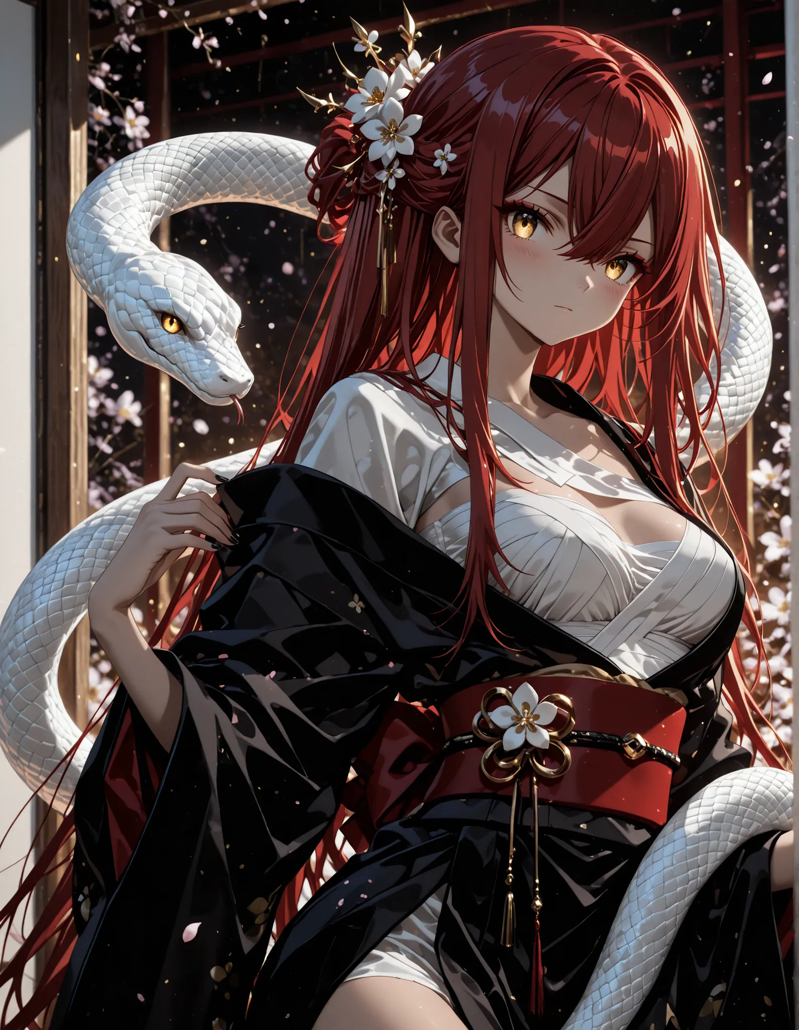 1woman, golden eyes , very long hair , long sidelocks, red hair ,half updo, petite , very cute , beautiful ,Straight hair, cool, handsome, hair between eyes, sexy, medium large breast, kimono, sarashi, japanese clothes, flower, black nails, blush, white s...
