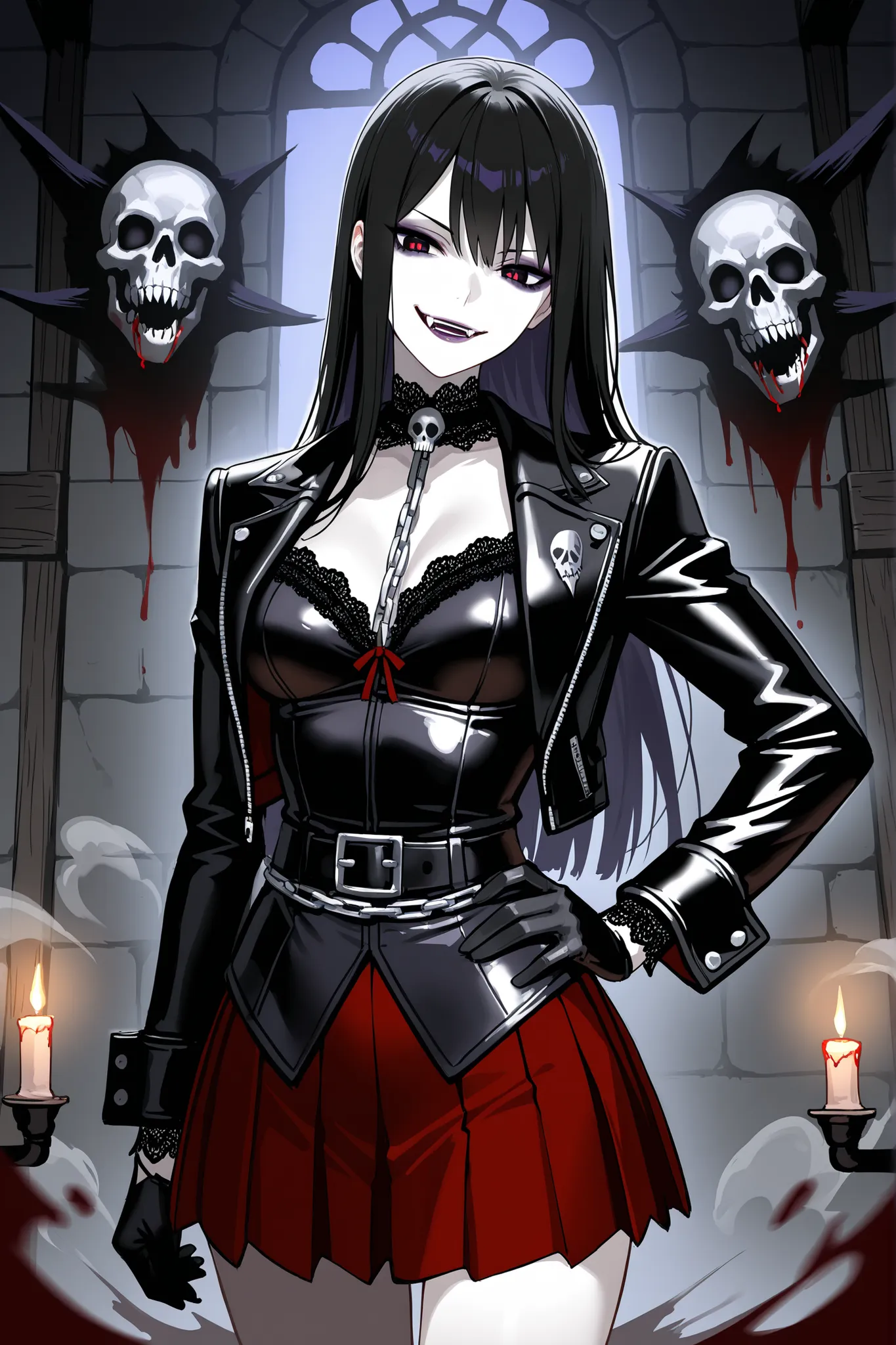 slender with firm medium breasts upper body female, tight charcoal-black leather jacket hugging torso with metal skull charms on lapels and cuffs, deep blood-red pleated mini skirt matching original silhouette with distressed edges, no thigh-high socks or ...