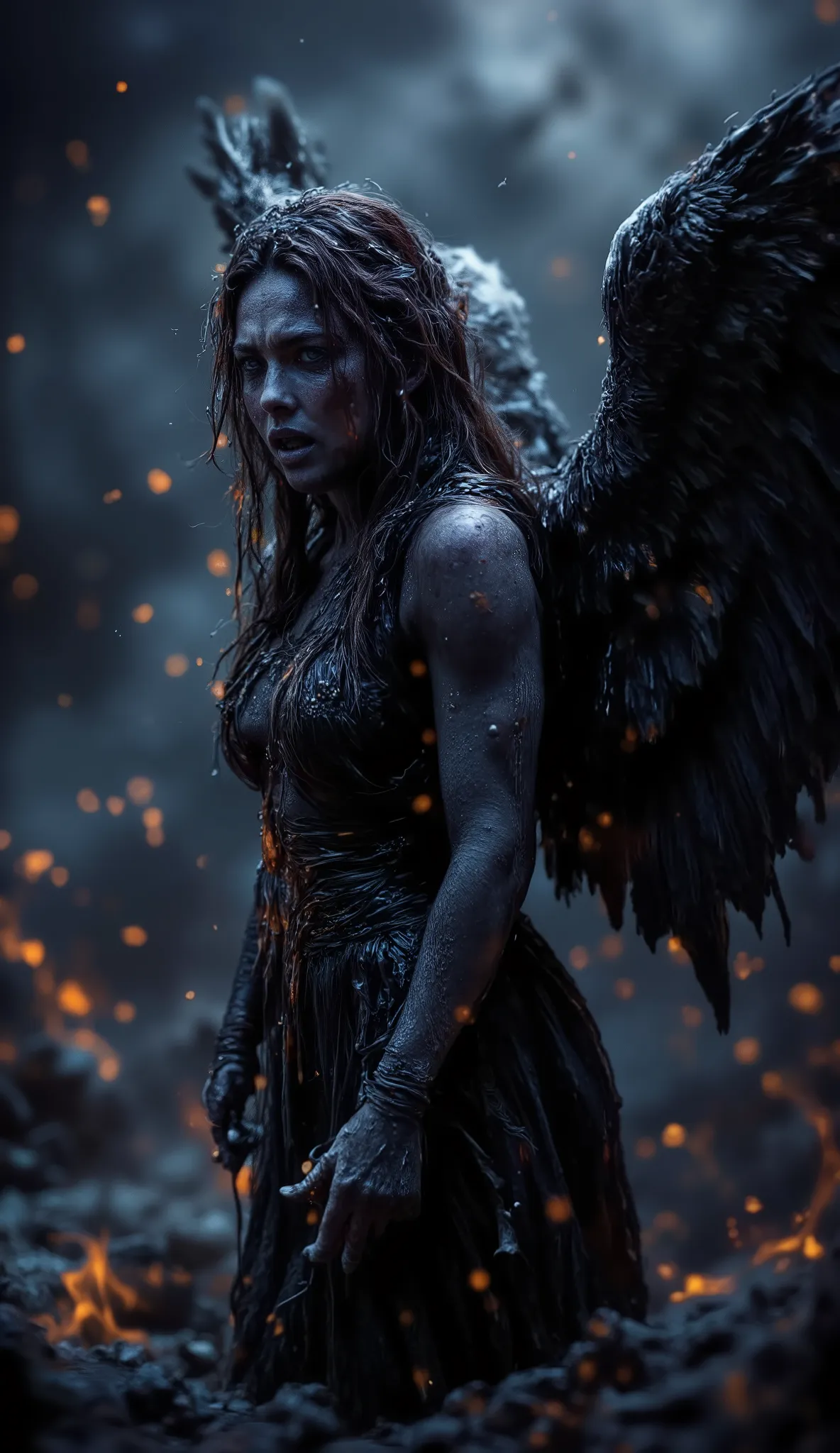 Really epic realistic and very low coloured and low contrast photography, 25 years old tall muscle scantily clad sexy angry and furious innocent woman as a angel of darkness with greatest dark angel wings looking into the hell from the left side. Angel has...