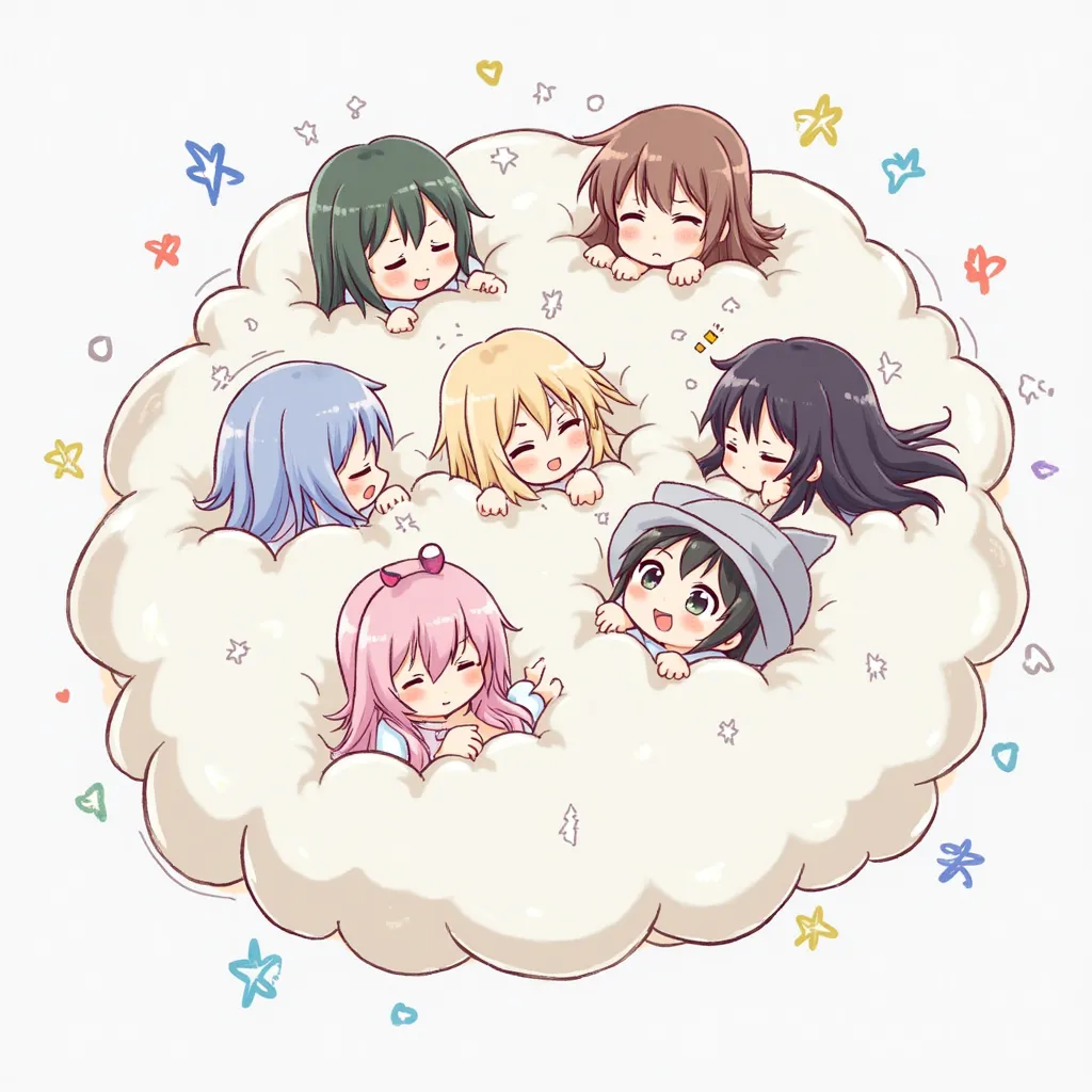 An anime-style illustration depicting 5girls playfully wrestling with each other inside a p comical fight cloud.
each girl has different colored hair.
their faces,hands,and feet are visible emerging from the cloud as they tussle humorously,  with the rest of their bodies completely hidden inside the cloud.
the illustration emphasizes the humorous and energetic nature of their scuffle,with a fluffy  and exaggerated fight cloud.