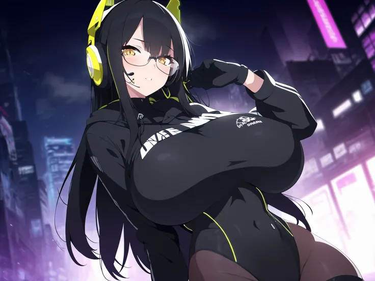 yellow eyes、(very long black hair、glasses、cyberpunk、street style、Techwear、headphones) 、((very big breasts))、anime style、high image quality、high quality、1girl、sexy、NSFW、Dream Core、cowboy shot