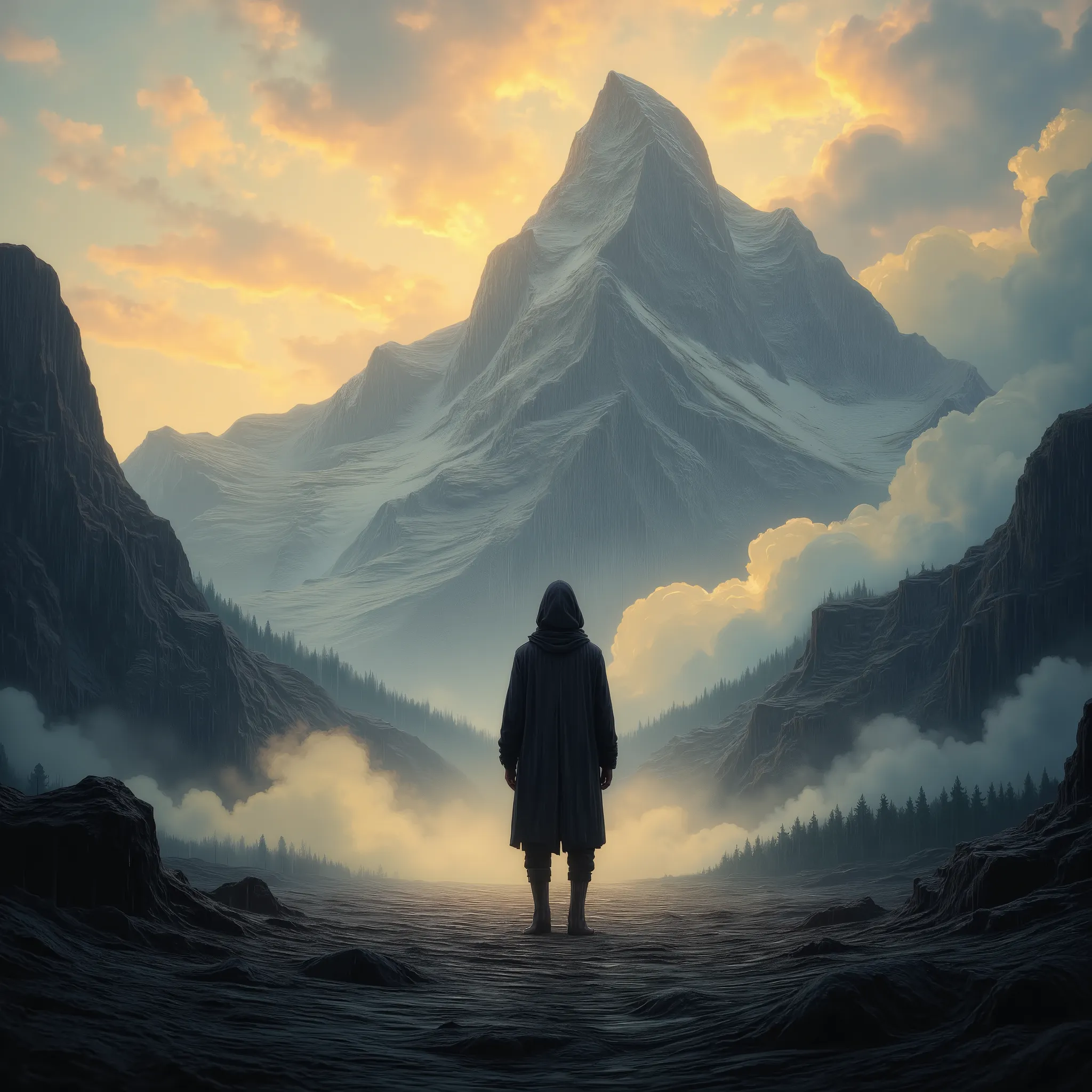  Dark silhouette of a person standing at dawn, facing a mountain to climb