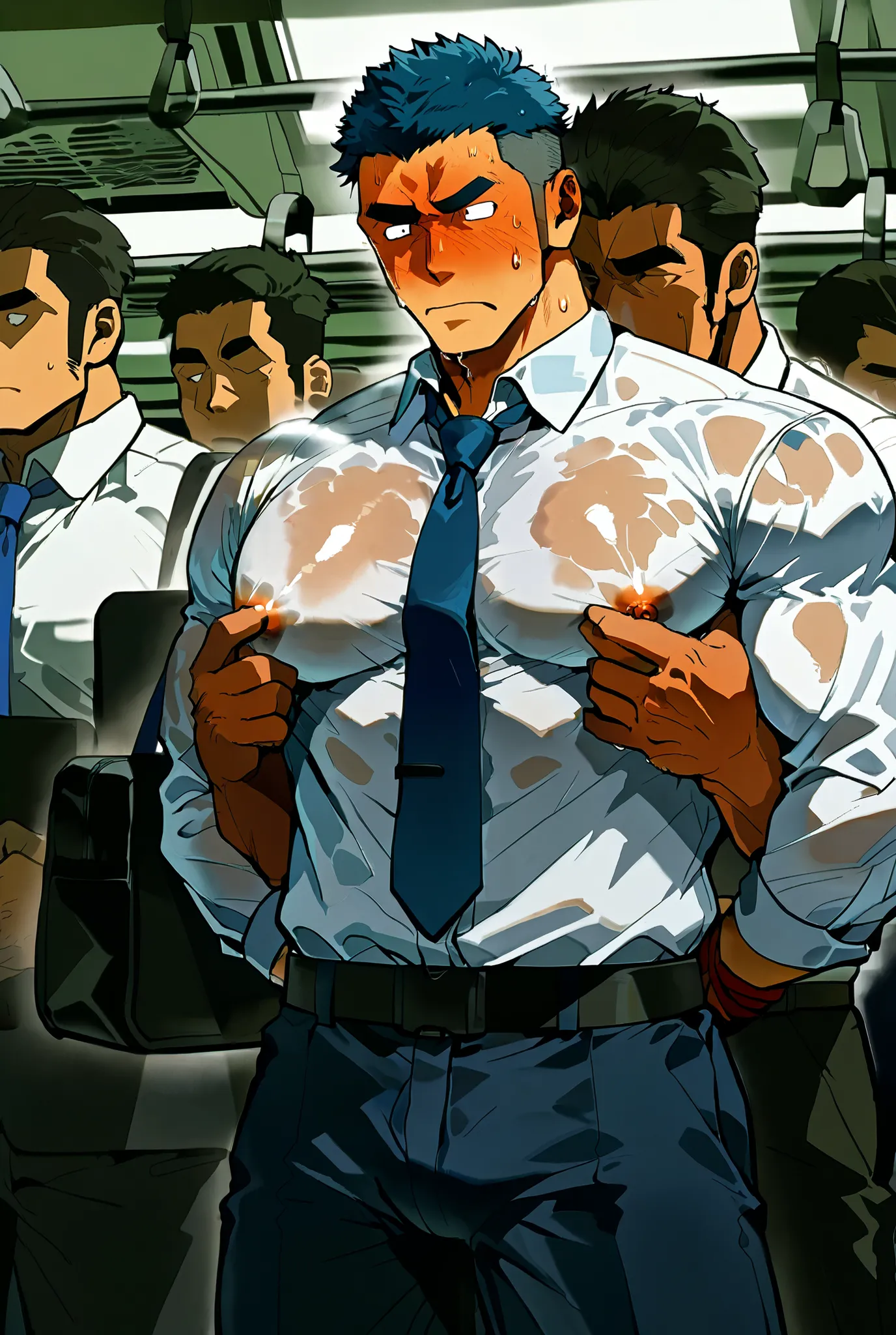 Muscular office man in his 30s with sunburn, shaved hair,dress shirt,slacks,grab someone else's crotch from their back,pinch someone else's nipples from their back, long sleeve white shirt,A crowded train with only men on board,embarrassing,Sweaty Body, ha...