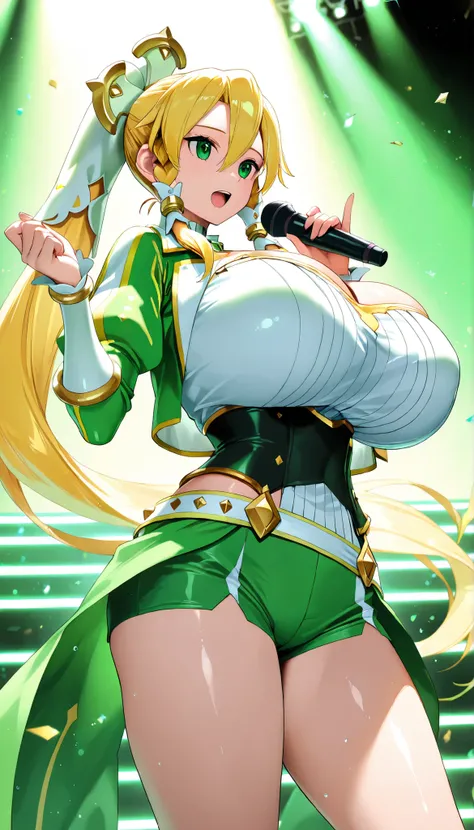 leafa terraria, green eyes, blonde hair, long hair, bangs, hair between eyes, ponytail, hair ornament, twin braids, hair tubes,  very huge breasts, very big breasts, gigantic breasts, super big breasts,  shiny top , long sleeved , short shorts , Crystal st...