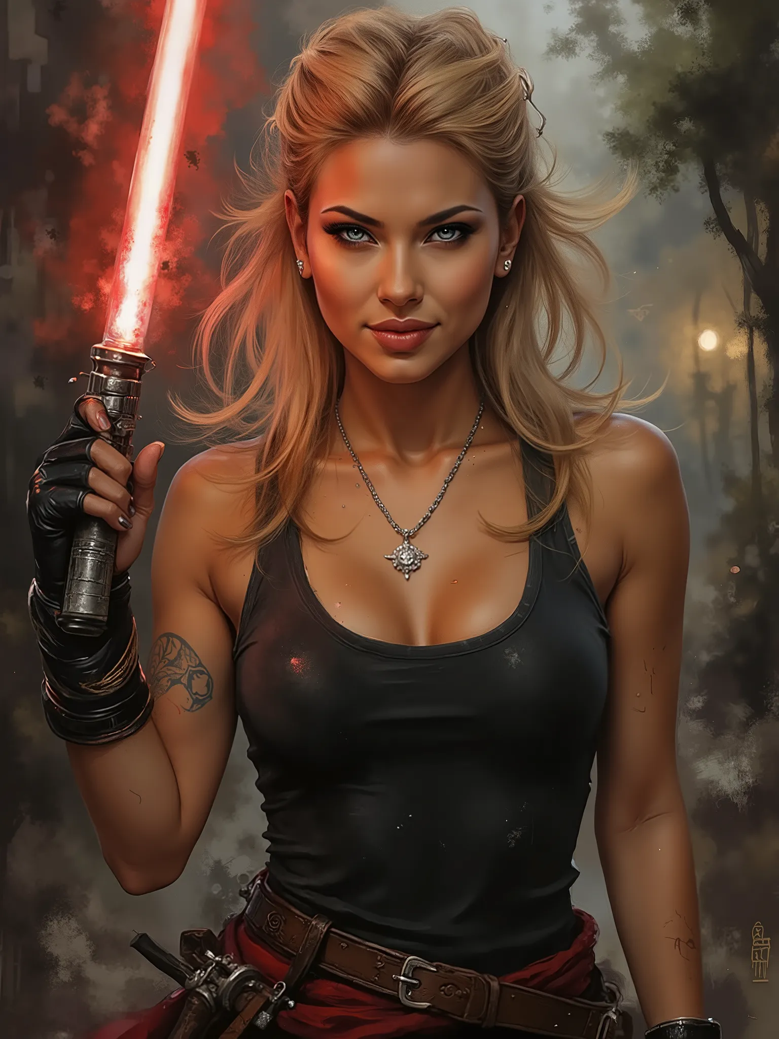 Score_9, score_8_up, score_7_up, ((highest quality)), ((masterpiece)), Perfect Face, (High definition), (Best Shadow), Luis Royo's style, A suggestive scene with a beautiful blonde woman, standing pose, in a fighting environment. She is holding one glowing...