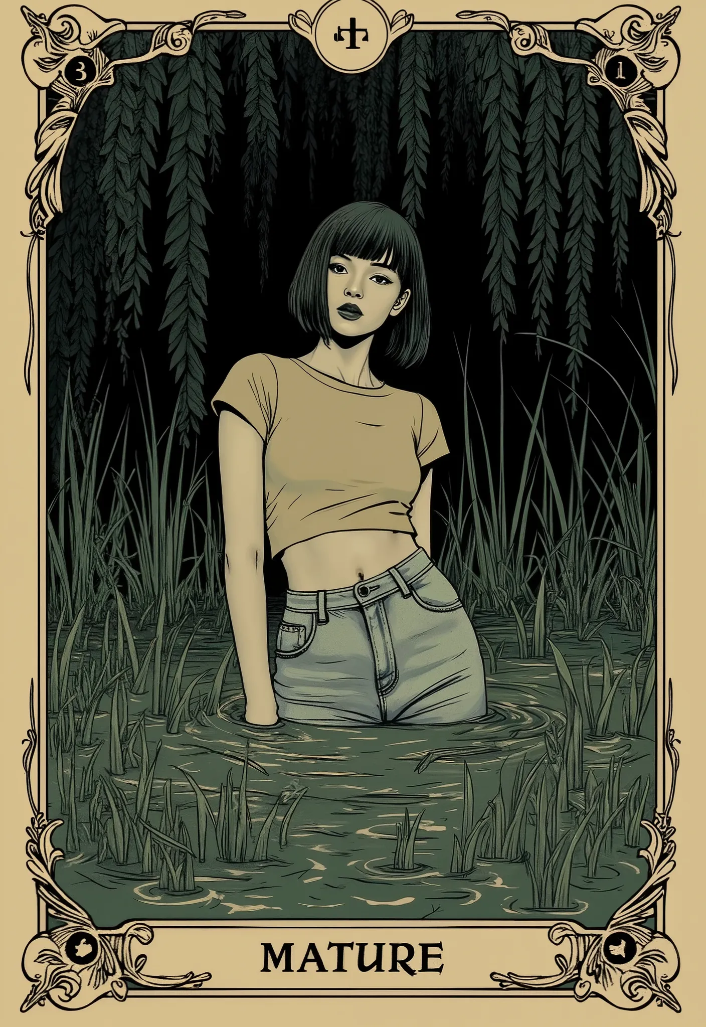 masterpiece, tarot aesthetics, tarot vintage linear aesthetics, stuck in a mud swamp, mature miracle, cropped top,high-waisted jeans, bob square, turns 