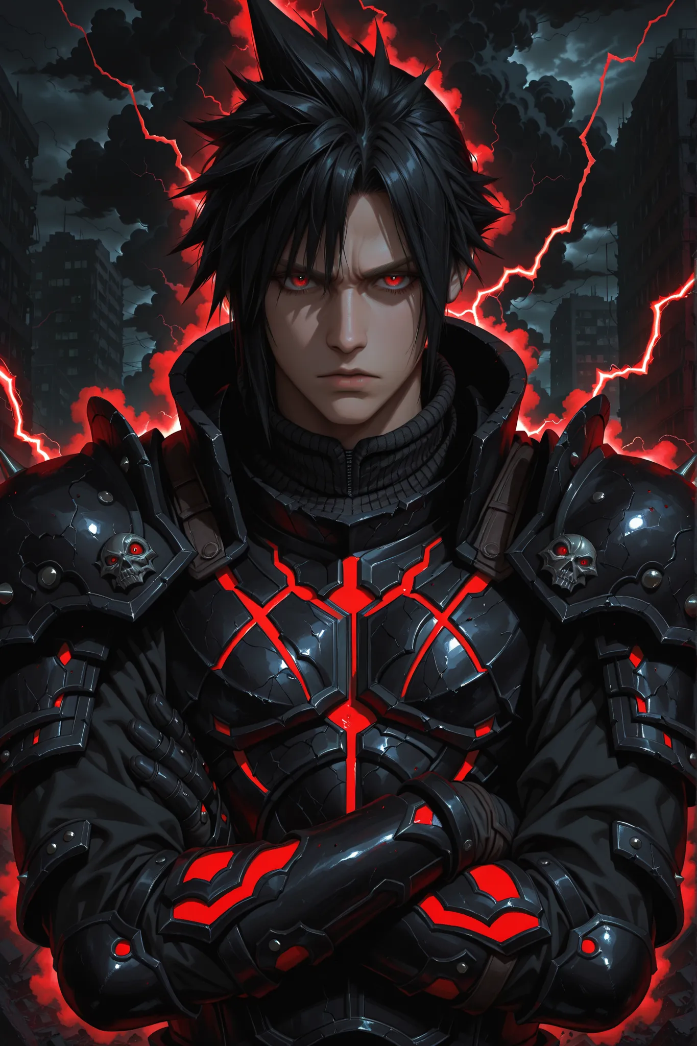 (handsome, young, and rugged man) with (All black Cloud Strife style black hair with no color accents), (detailed red eyes), wearing (full black armor:1.2), no helmet, with a serious look, (Ruined City Background with red lightning). HD, High Quality, Mast...