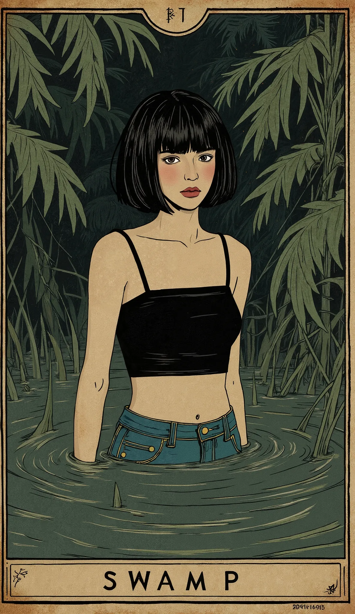 masterpiece, tarot aesthetics, tarot vintage linear aesthetics, stuck in a mud swamp, mature miracle, cropped top,high-waisted jeans, bob square, turns 