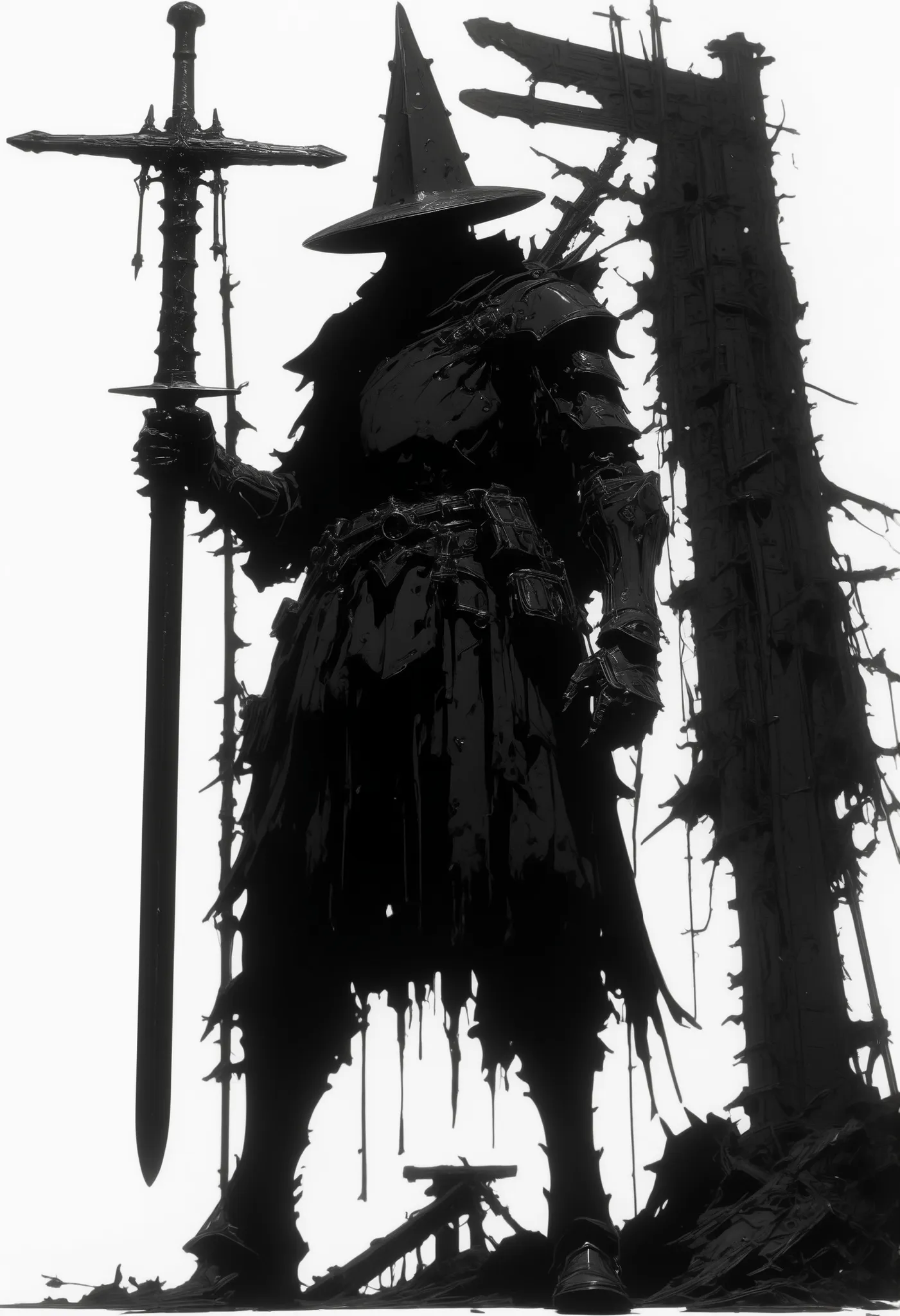 The image is composed in white with a high contrast,Black Silhouette Art,(bright white background), cartoon drawing, The central figure of a hunter —dark, imposing and armed with a lowered sword,looking up— it stands out against a white background surround...