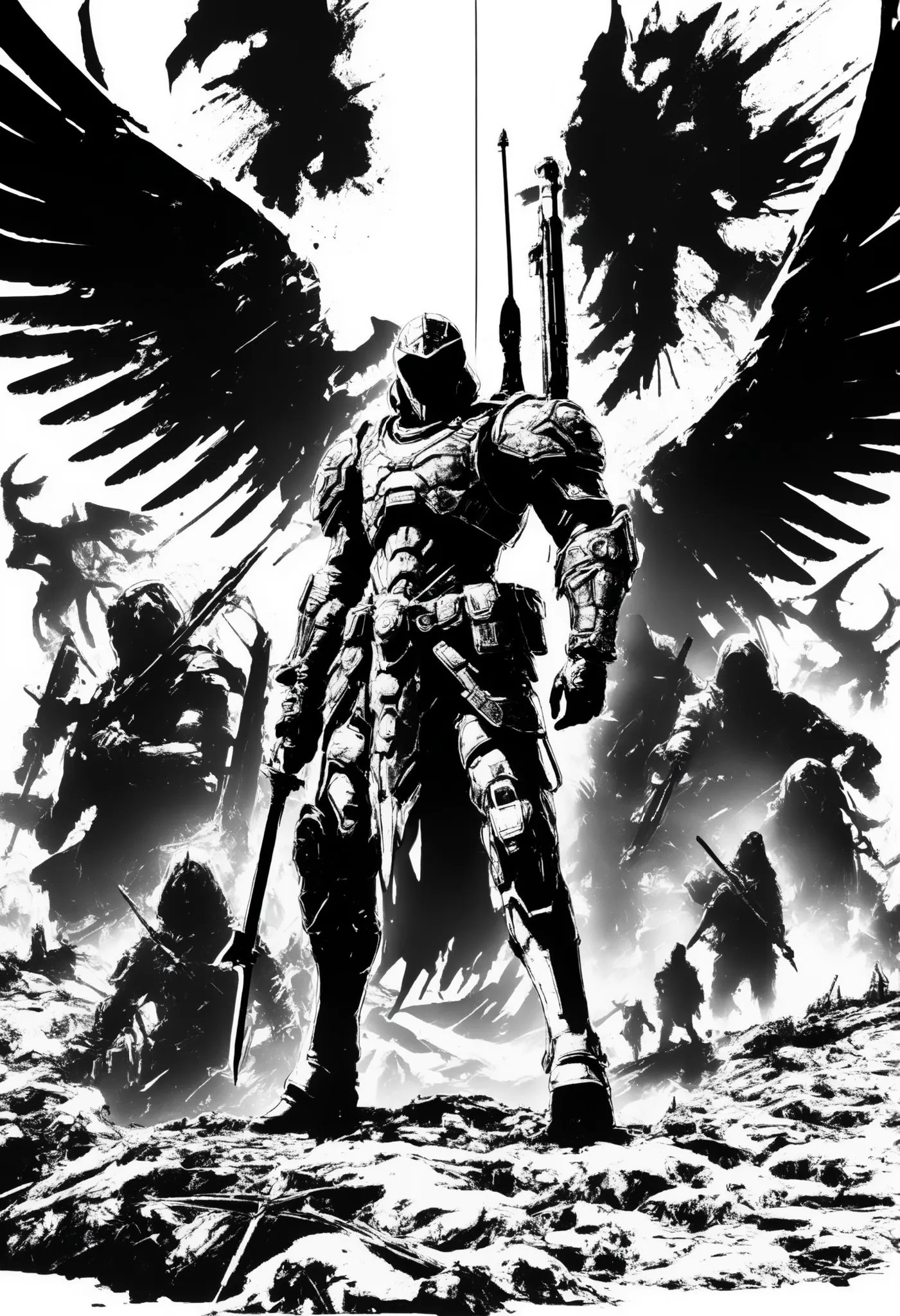 The image is composed in white with a high contrast,Black Silhouette Art,(bright white background), cartoon drawing, The central figure of a hunter —dark, imposing and armed with a lowered sword,looking up— it stands out against a white background surround...