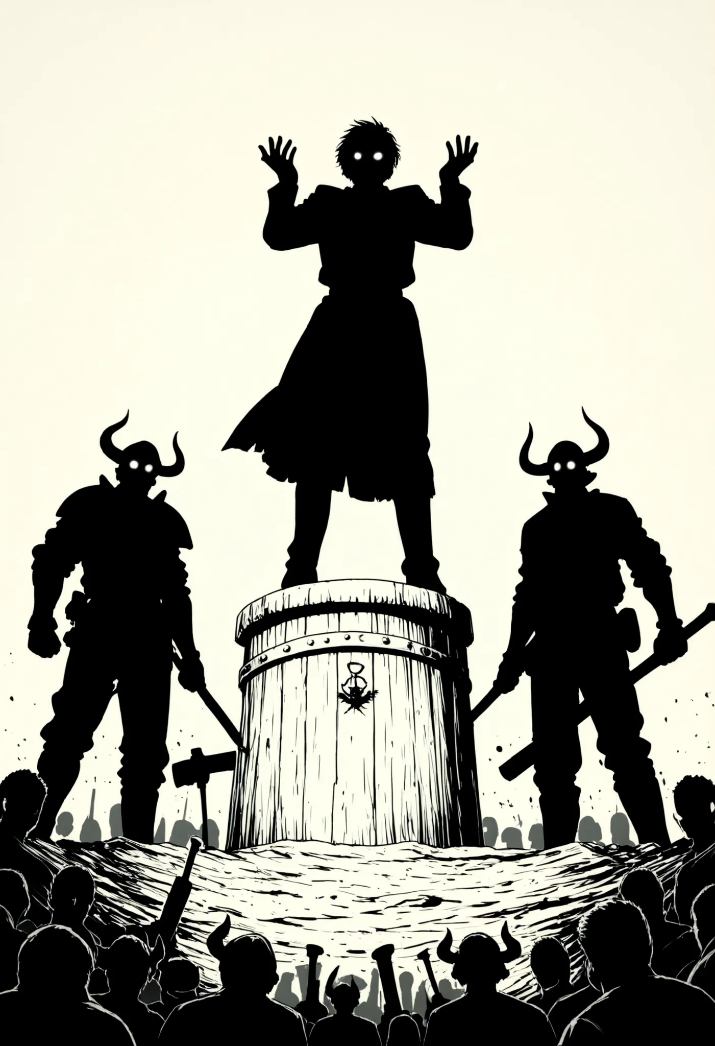 The image is composed in white with a high contrast,Black Silhouette Art,(bright white background), cartoon drawing, The central figure of a hunter —dark, imposing and armed with a lowered sword,looking up— stands out on a white background surrounded by ra...