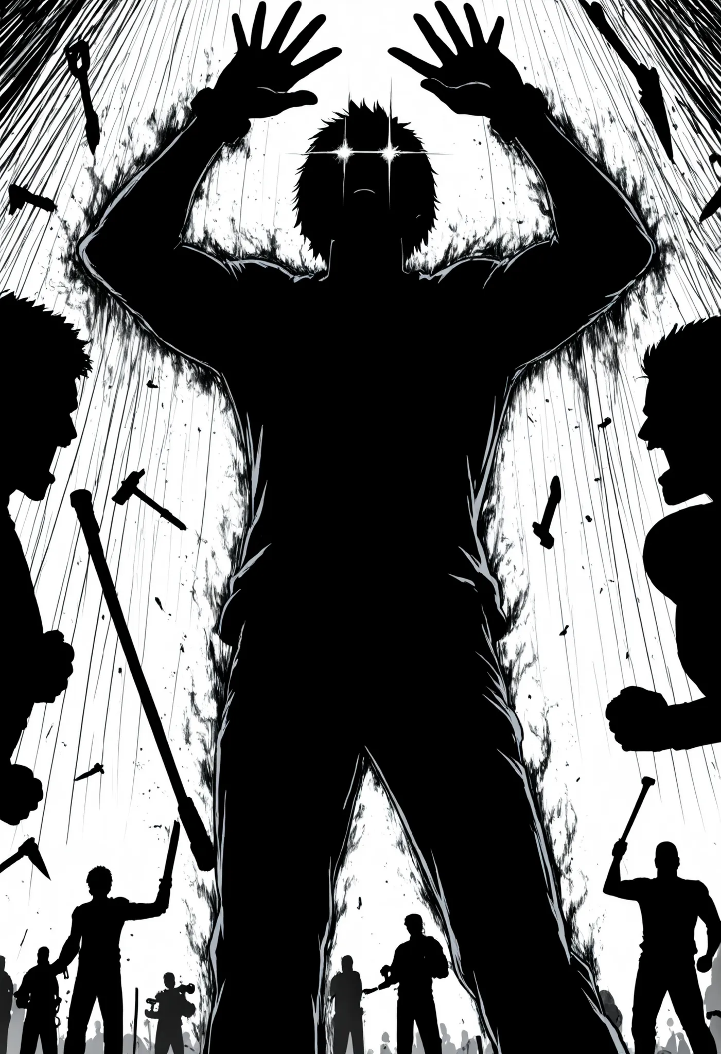 The image is composed in white with a high contrast,Black Silhouette Art,(bright white background), cartoon drawing, The central figure of a hunter —dark, imposing and armed with a lowered sword,looking up— it stands out against a white background surround...