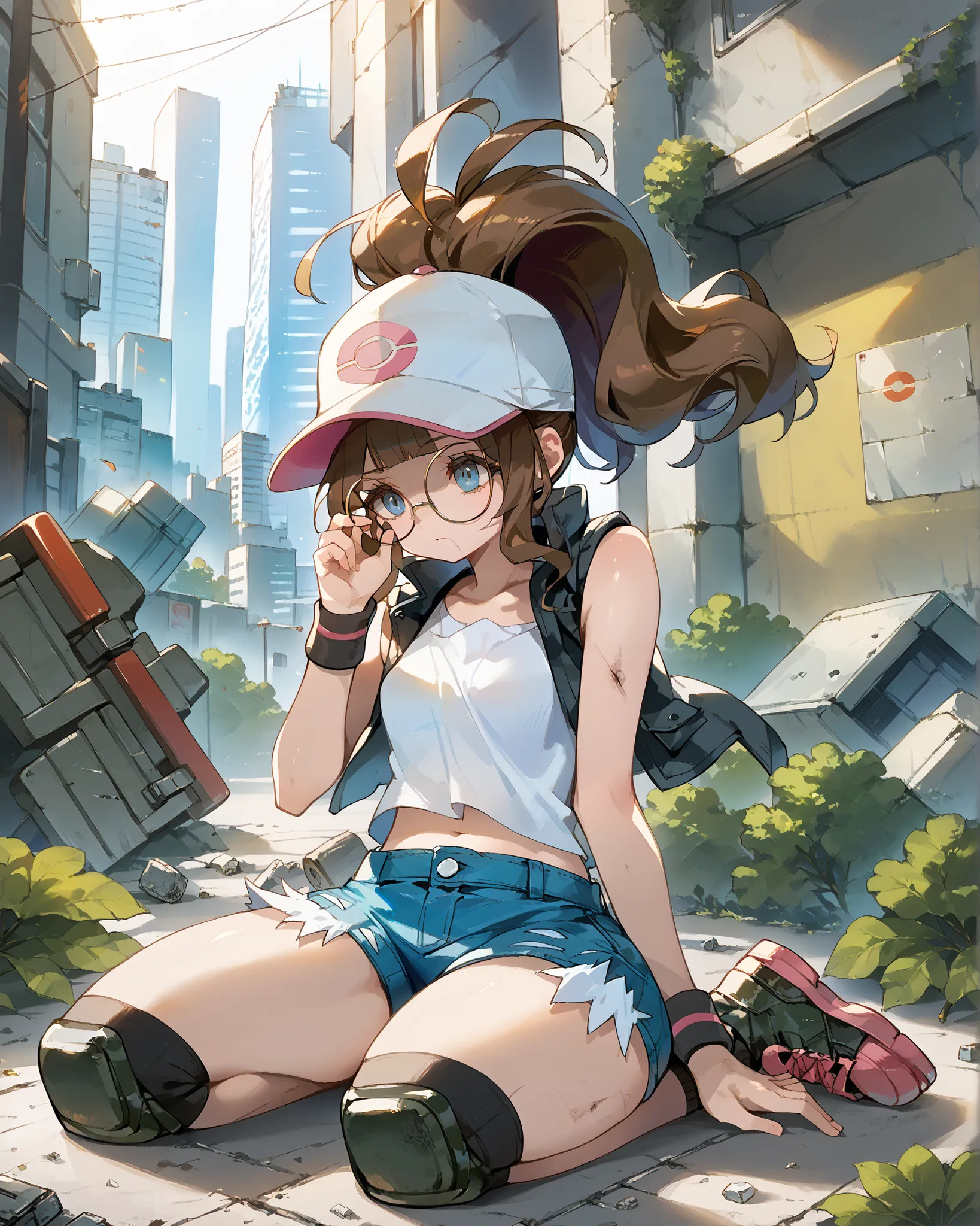 score_9, score_8_up, score_7_up, source_anime, UHD, BREAK, fio germi, pokemonhilda, BREAK, curly sidelock, round glasses, baseball cap, ponytail, blunt bangs, BREAK, urban park background, overgrown weeds, concrete crack, BREAK, pear body figure, small bre...