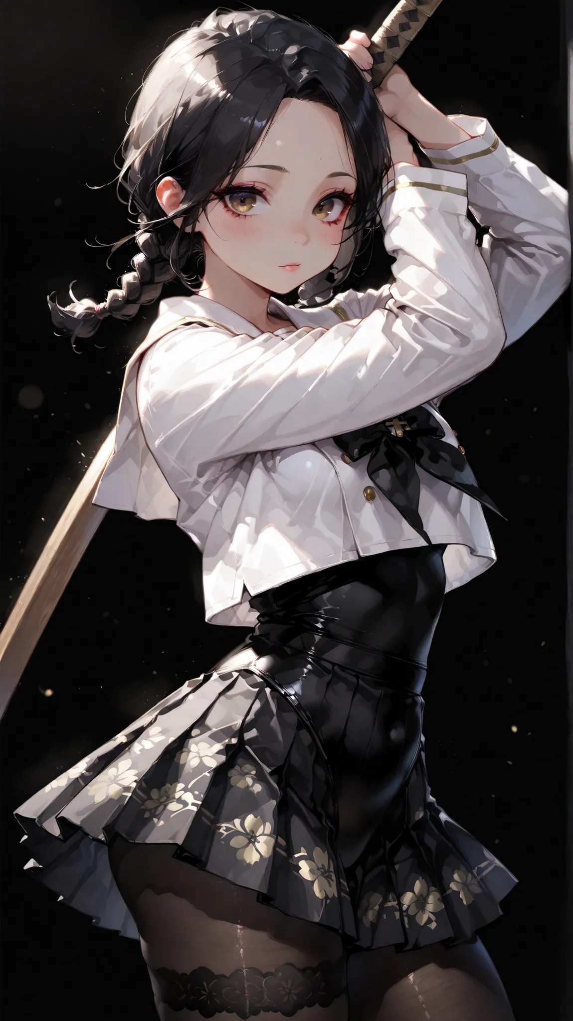 Shelly Gee, (masterpiece, Highest Quality, high definition: 1.2), girl, alone, brown eyes in the bedroom 、Forehead、Short braids、thin、black hair、 Japanese sword、、pantyhose、Fair skin、Black floral pantyhose, floral skirt, black background、A white sailor unif...