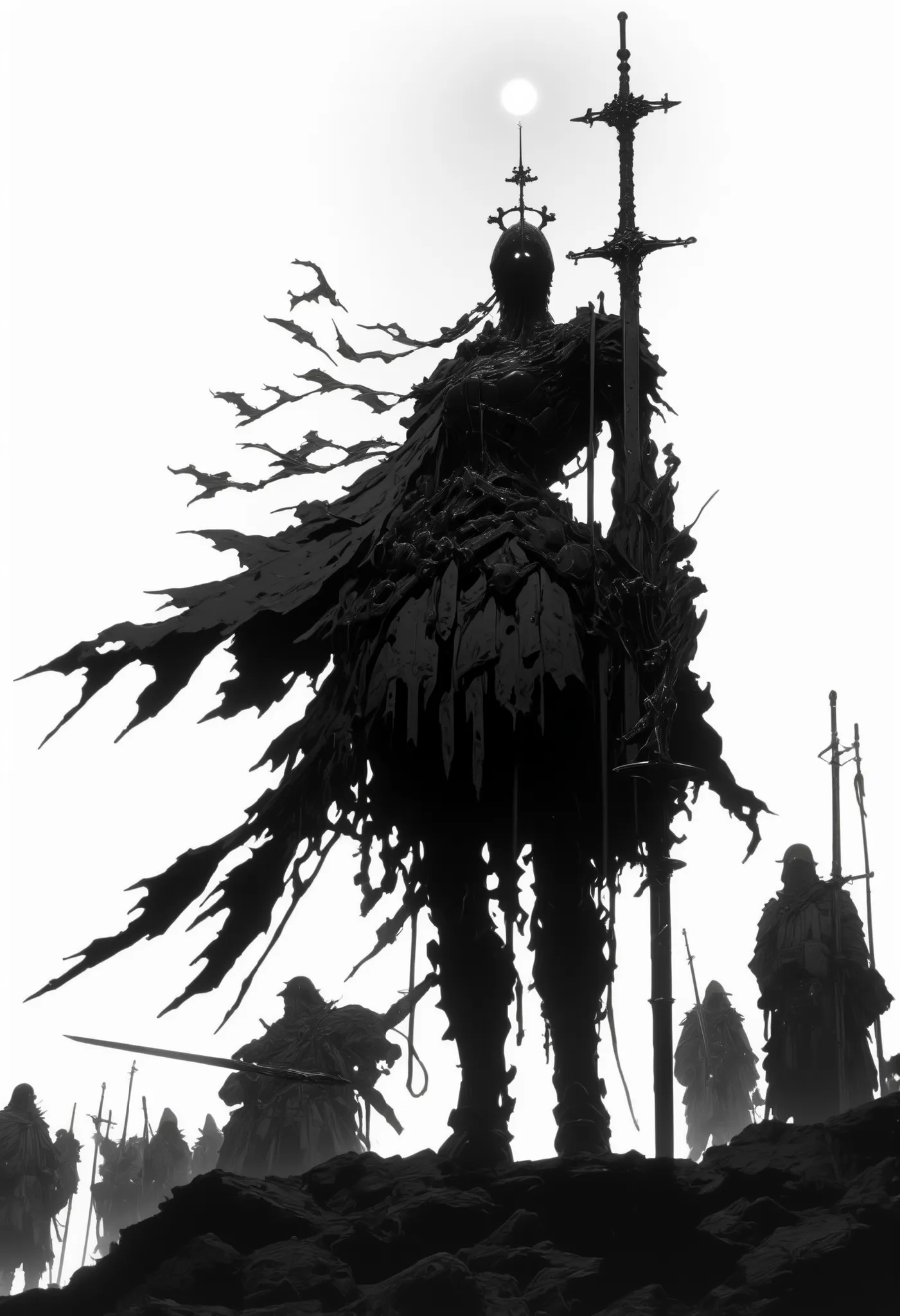 The image is composed in white with a high contrast,Black Silhouette Art,(bright white background), cartoon drawing, The central figure of a hunter —dark, imposing and armed with a lowered sword,looking up— it stands out against a white background surround...
