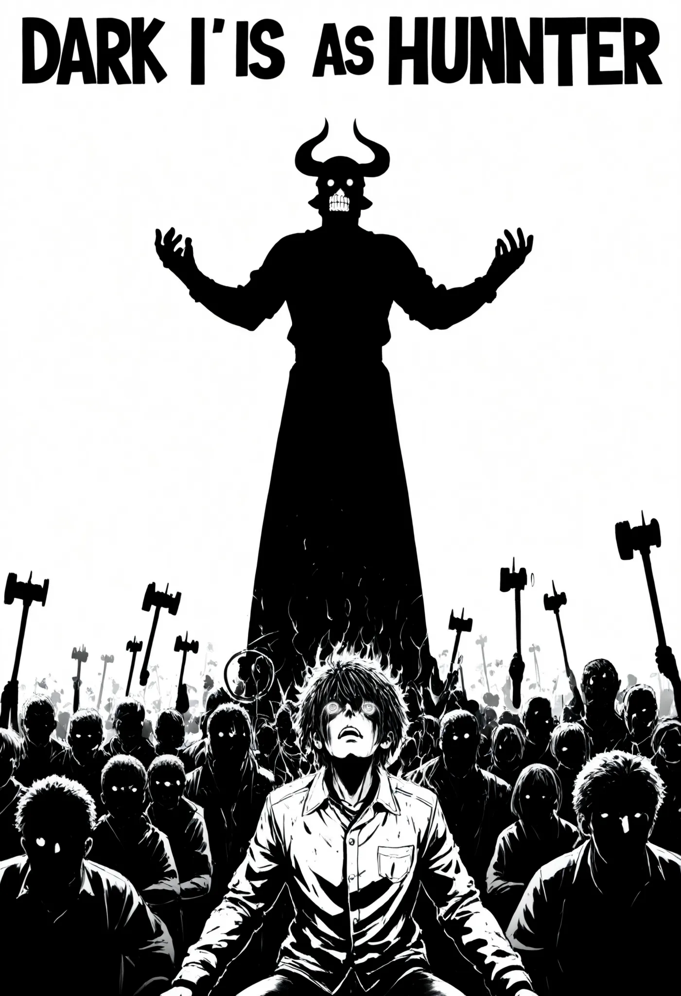 The image is composed in white with a high contrast,Black Silhouette Art,(bright white background), cartoon drawing, The central figure of a hunter —dark, imposing and armed with a lowered sword,looking up— it stands out against a white background surround...