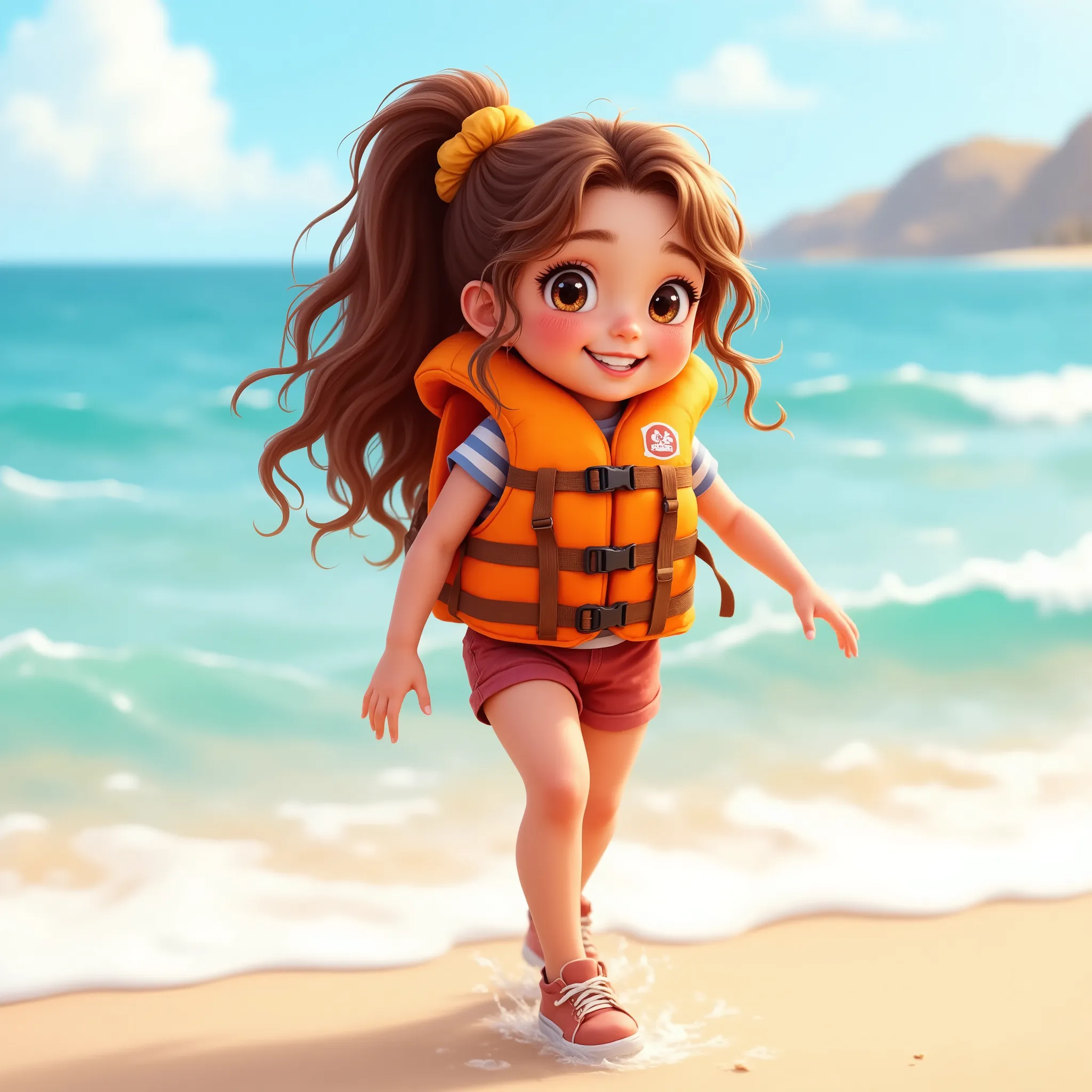 A young girl stepping into the sea while wearing a bright orange life jacket. She has wavy hair, hazel eyes, freckles, and is smiling. She's on a sandy beach under a sunny sky, with gentle waves at her feet. An with wavy chestnut hair pulled back with...