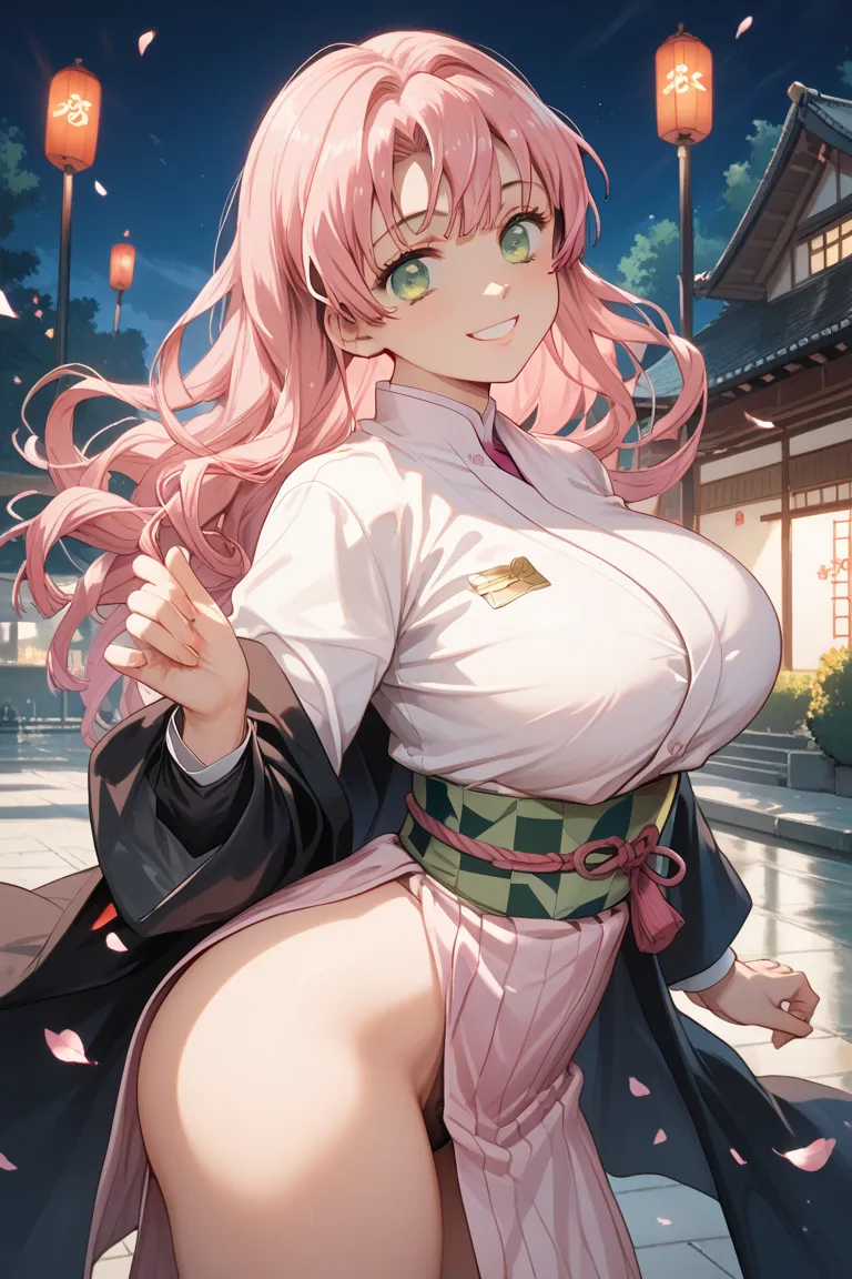 source_Japanese cartoon, best quality, Clear face, Kanroji Mitsuri from Demon Slayer ,  pink hair,   green eyes, long hair, Big breasts, perfect body, looking at the audience,  Smile, Demon Slayer uniform , A night in the park , standing, shot from behind, big ass