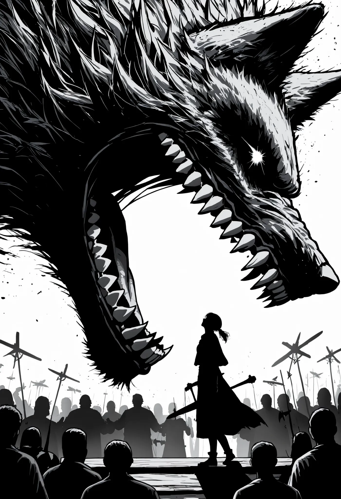 The image is composed in white with a high contrast,Black Silhouette Art,(bright white background), cartoon drawing, The central figure of a hunter —dark, imposing and armed with a lowered sword,looking up— stands out on a white background surrounded by ra...