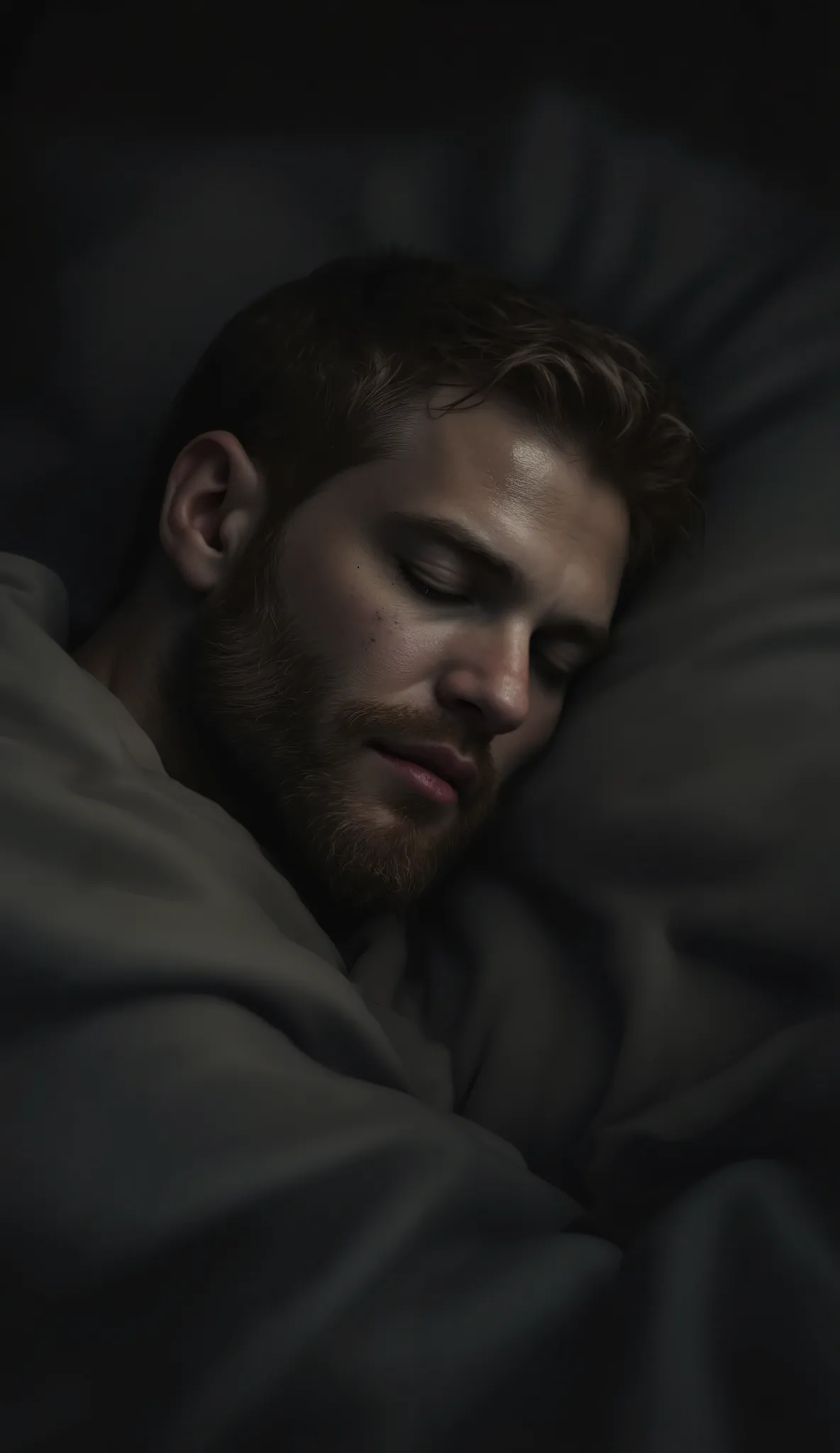 un homme barbu d'âge moyen aux cheveux bruns courts, ((((dort les yeux fermés)))), allongé dans son lit, sous ses couvertures dans sa chambre, la nuit