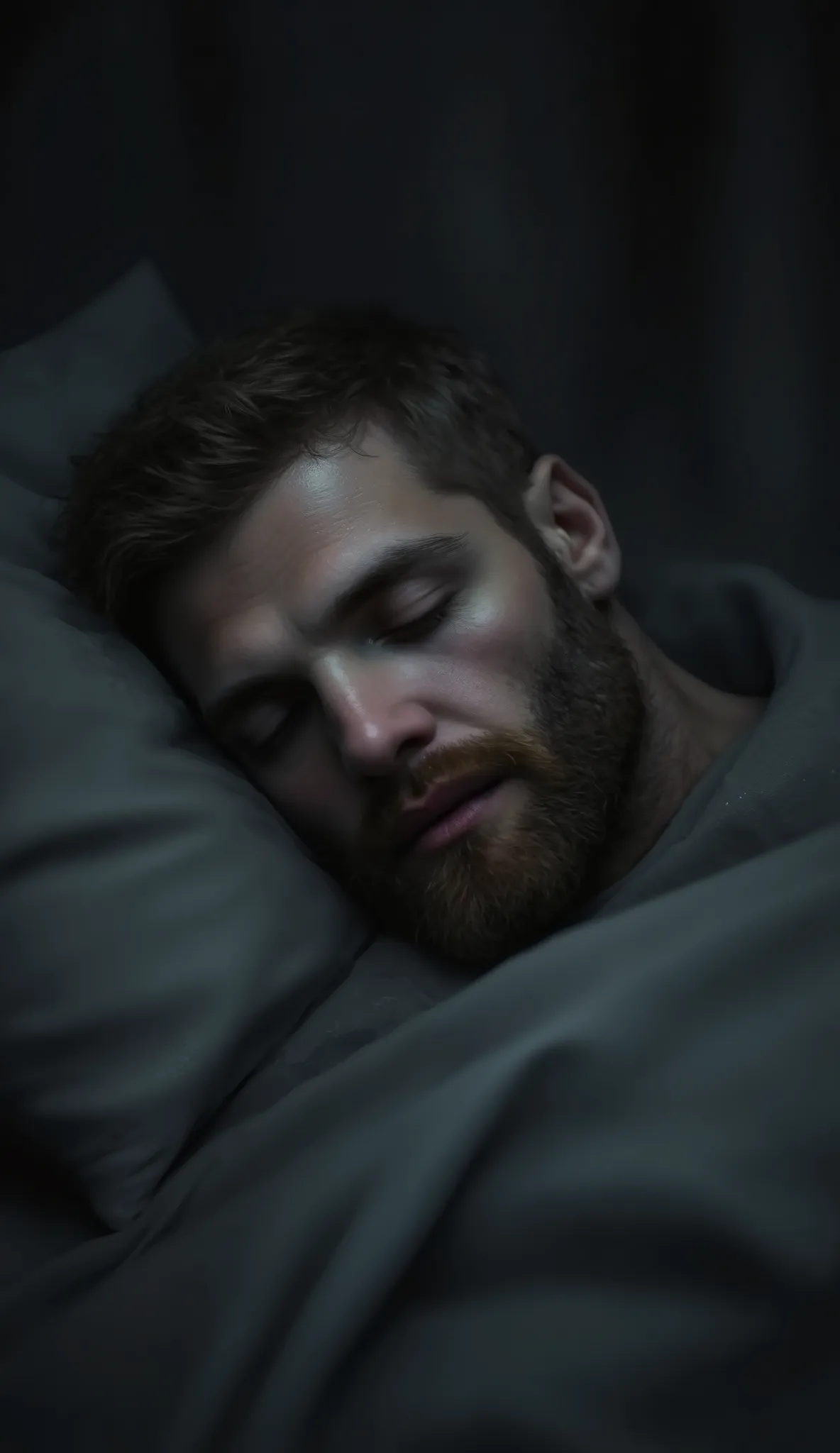 un homme barbu d'âge moyen aux cheveux bruns courts, ((((dort les yeux fermés)))), allongé dans son lit, sous ses couvertures dans sa chambre, la nuit