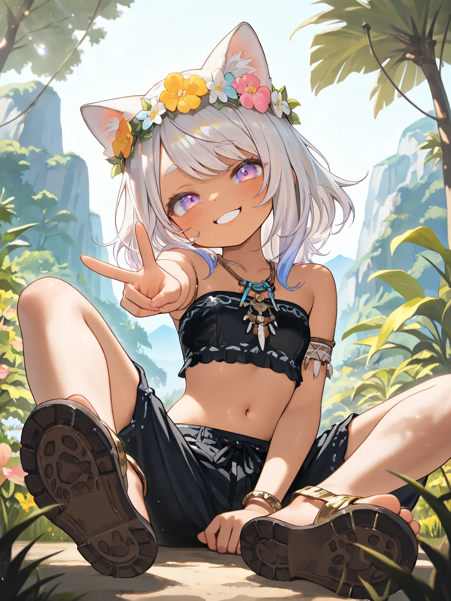 ((Masterpiece)), ((best quality, very aesthetic, absurdres, newest)), (from below), (8K), (cinematic lighting), ((1girl)), (cute young girl), (Healthy body, Textured skin, small breast, tilt head), Cat ears, Glossy unruly hair, (medium hair, platinum-gold...