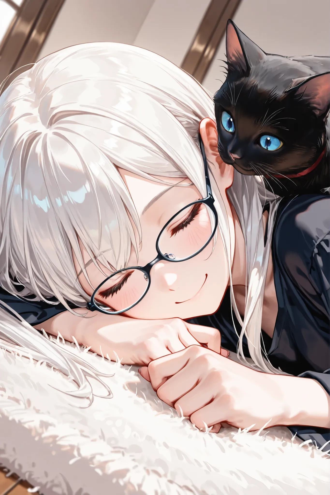((Masterpiece)),((best quality)),((incredibly absurdres)),((8K)),(semi realistic),
1 girl,solo,young female,aged up,kawaii,white hair,long hair,straight hair,blue eyes,small breasts,
(black eyewear),short-sleeved shirt,black shirt,Plain shirt,wide sleeves...