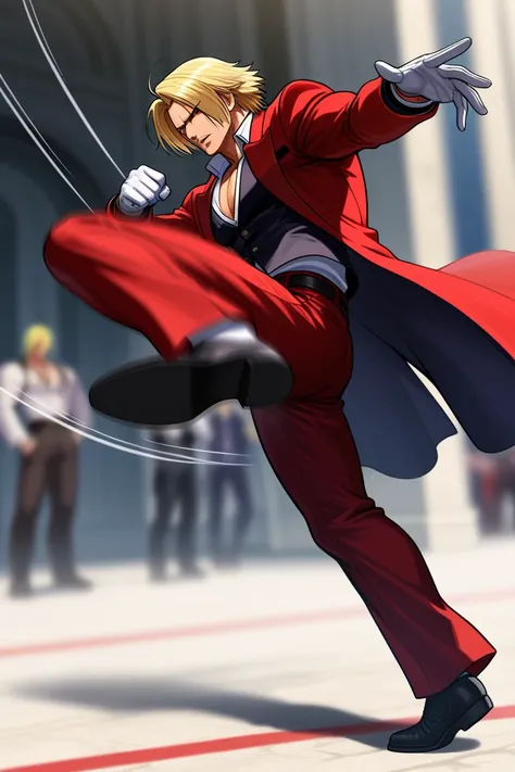 King of Fighters boss, Rugal ･Bernstein, draw an arc with one foot and kick up at high speed, Juno Side Cutter((motion blur:1.peedline、White action line、blurred background))