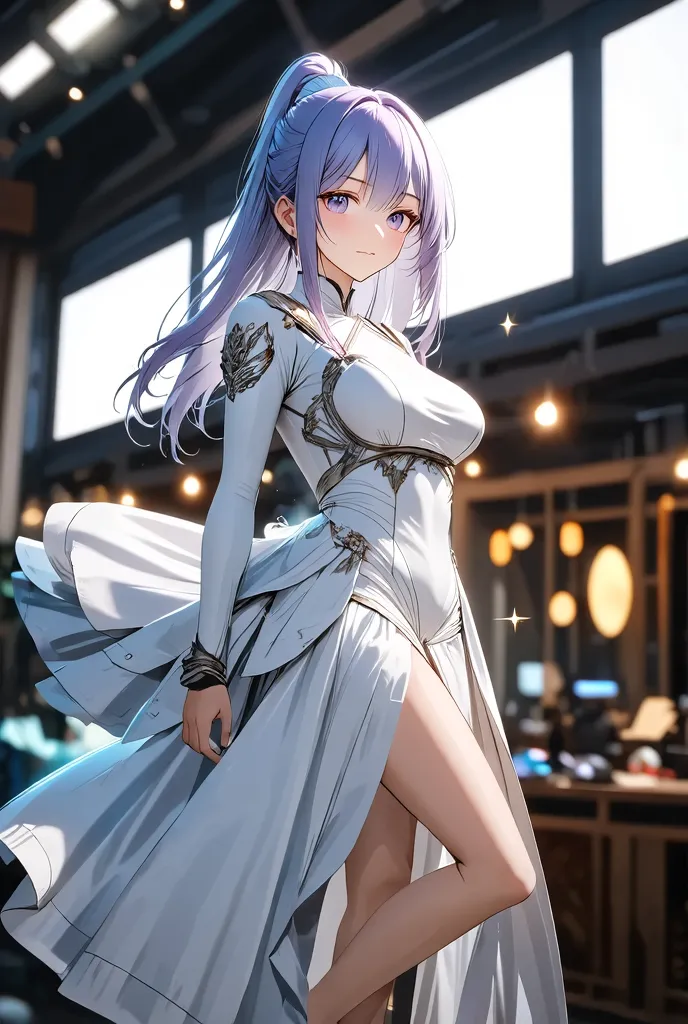 (masterpiece, Highest Quality:1.2), 1 female, solo, Fighting Girl, inhime, knight's armor-like protector, NVIDIA green glowing line design, Clear and sharp luminescence, White Outfit , purple gradient braid hairstyle, twin tails, (from above:1.2, side focus), inhime, 