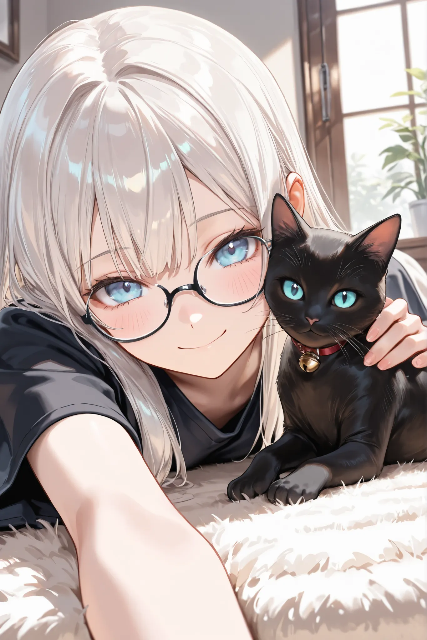((Masterpiece)),((best quality)),((incredibly absurdres)),((8K)),(semi realistic),
1 girl,solo,young female,aged up,kawaii,white hair,long hair,straight hair,blue eyes,small breasts,
(black eyewear),short-sleeved shirt,black shirt,Plain shirt,wide sleeves...