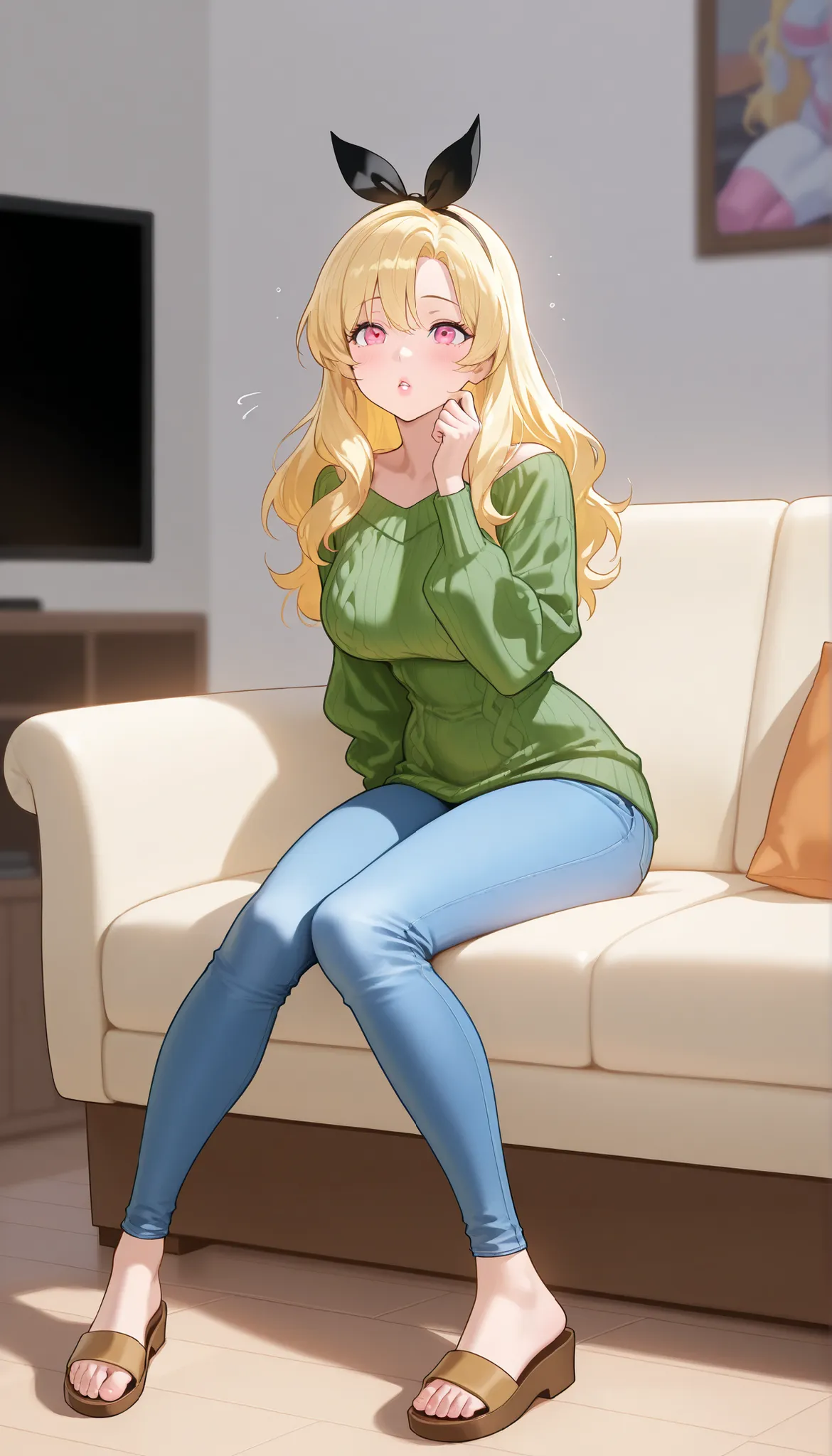 A mature beautiful woman with blond hair, extremely fair white natural skin, big pink eyes, red plump glossy lips, a small waist, and a perfect slim yet curvy body. She's only wearing a baggy light-green woolen sweater, long tight blue jeans, one hair ribb...