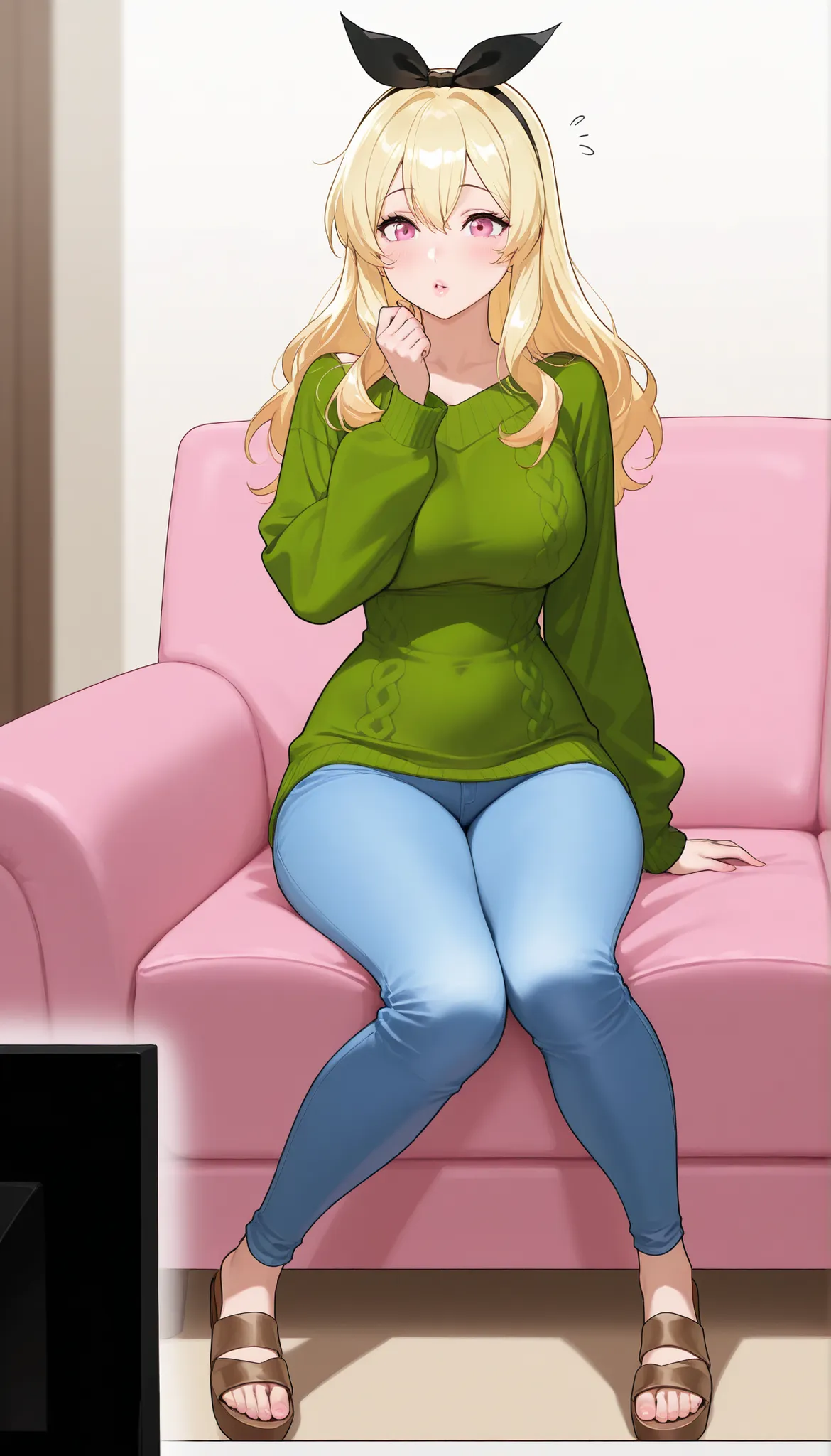A mature beautiful woman with blond hair, extremely fair white natural skin, big pink eyes, red plump glossy lips, a small waist, and a perfect slim yet curvy body. She's only wearing a baggy light-green woolen sweater, long tight blue jeans, one hair ribb...