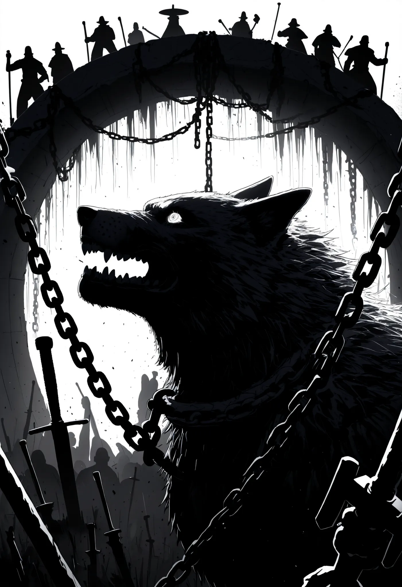 The image is composed in white with a high contrast,Black Silhouette Art,(bright white background), cartoon drawing, The central figure of a hunter —dark, imposing and armed with a lowered sword,looking up— it stands out against a white background surround...